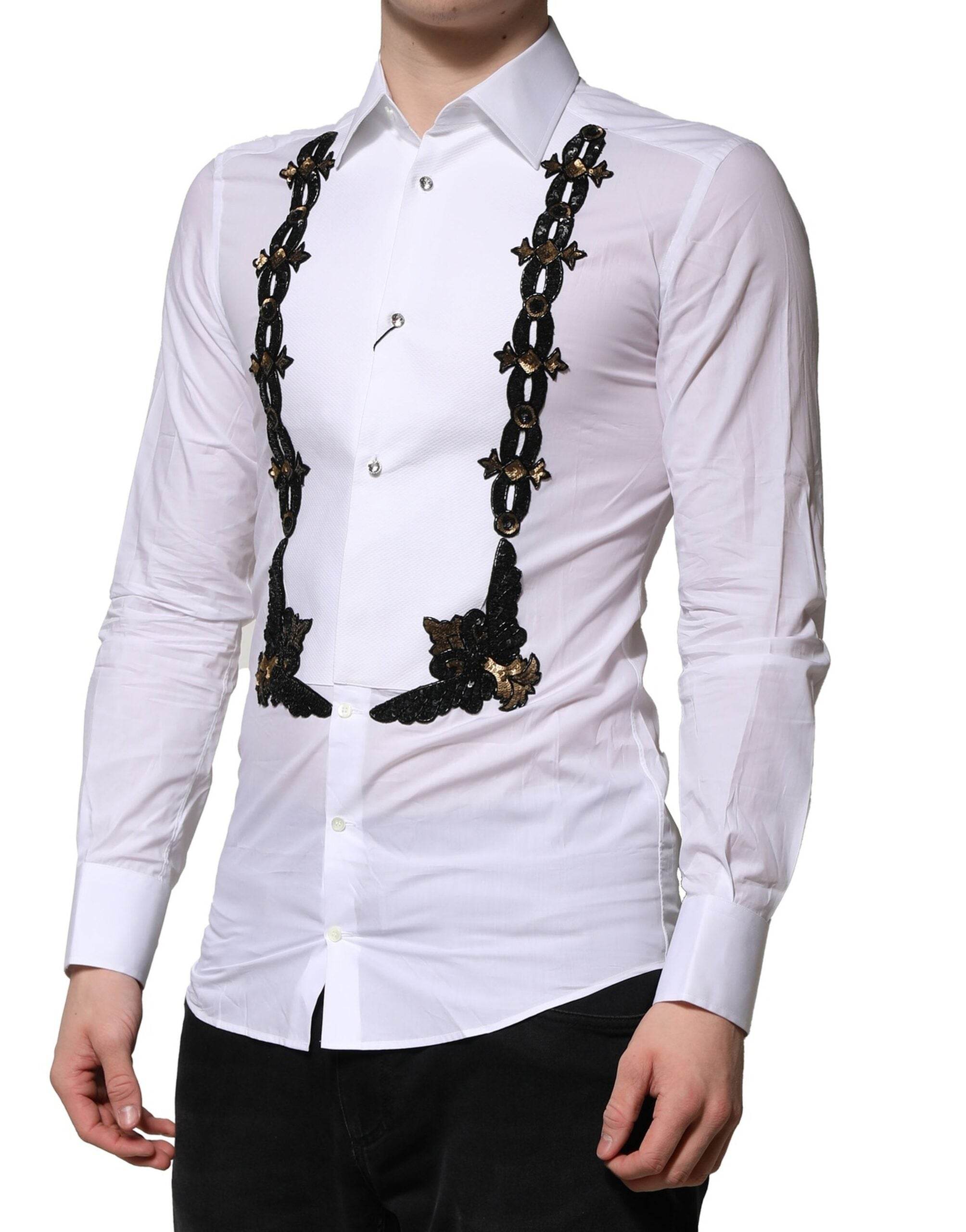 Dolce & Gabbana White GOLD Embellished Formal Men Dress Shirt - Hilstor