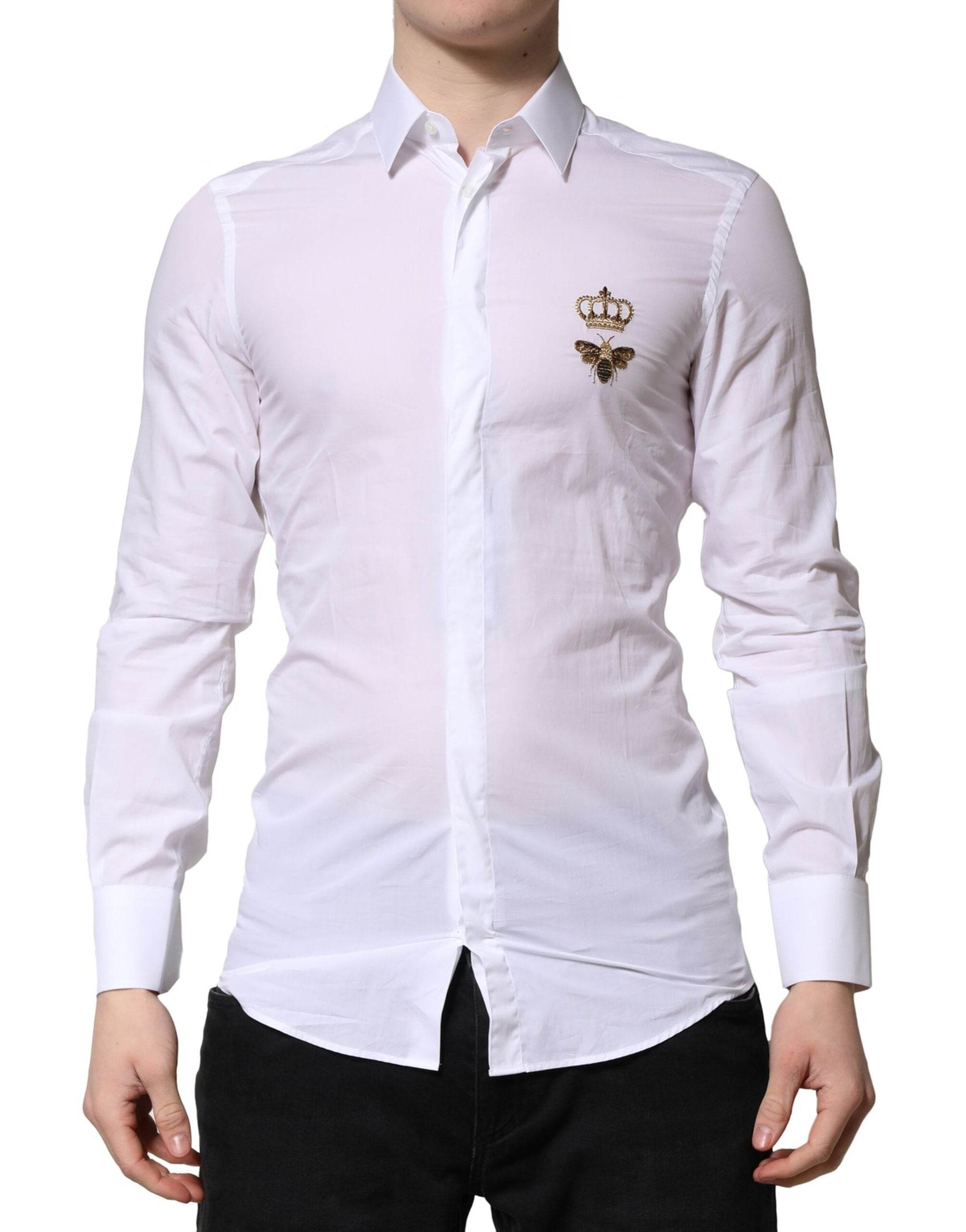 Dolce & Gabbana White GOLD Crown Bee Men Dress Formal Shirt - Hilstor