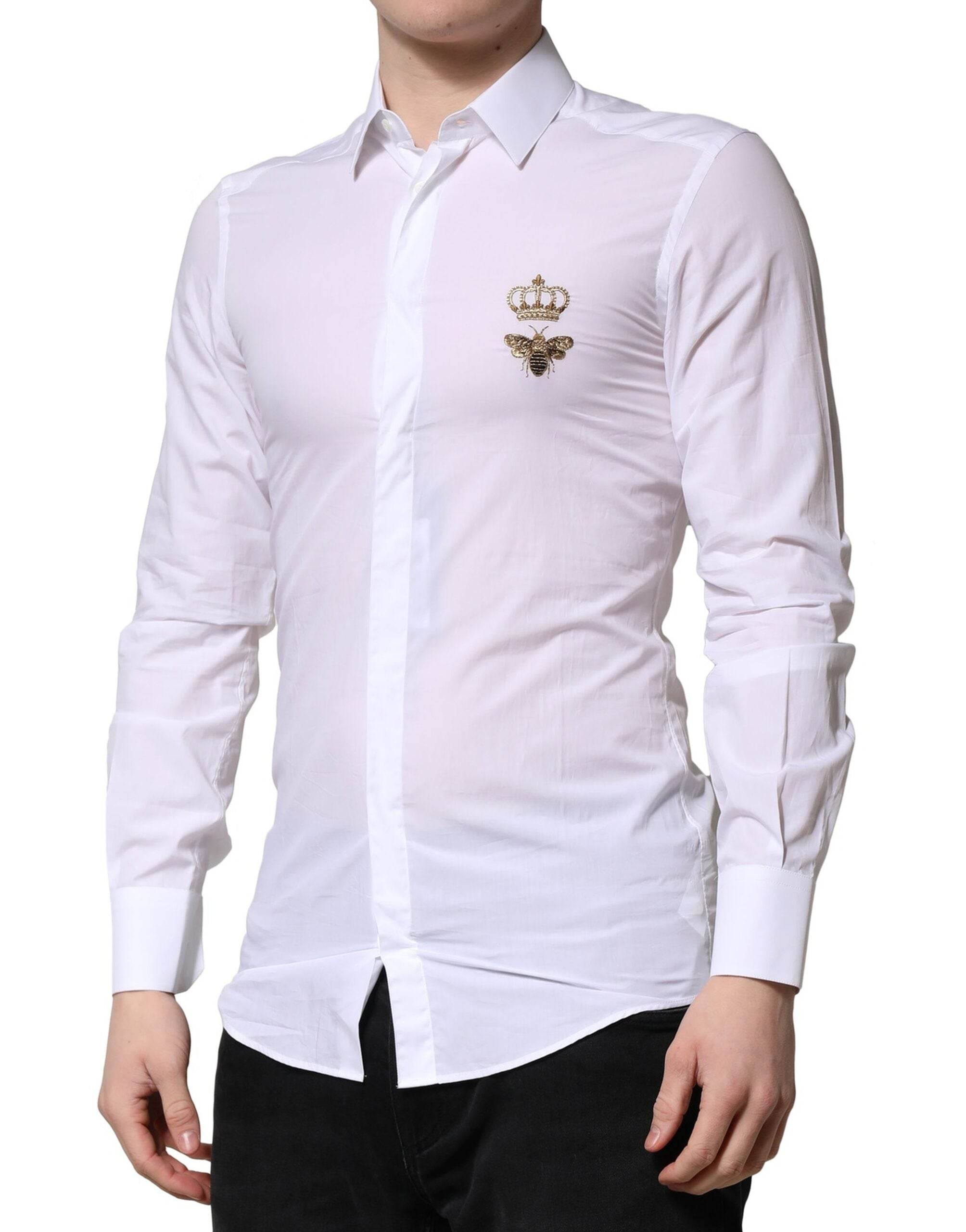 Dolce & Gabbana White GOLD Crown Bee Men Dress Formal Shirt - Hilstor