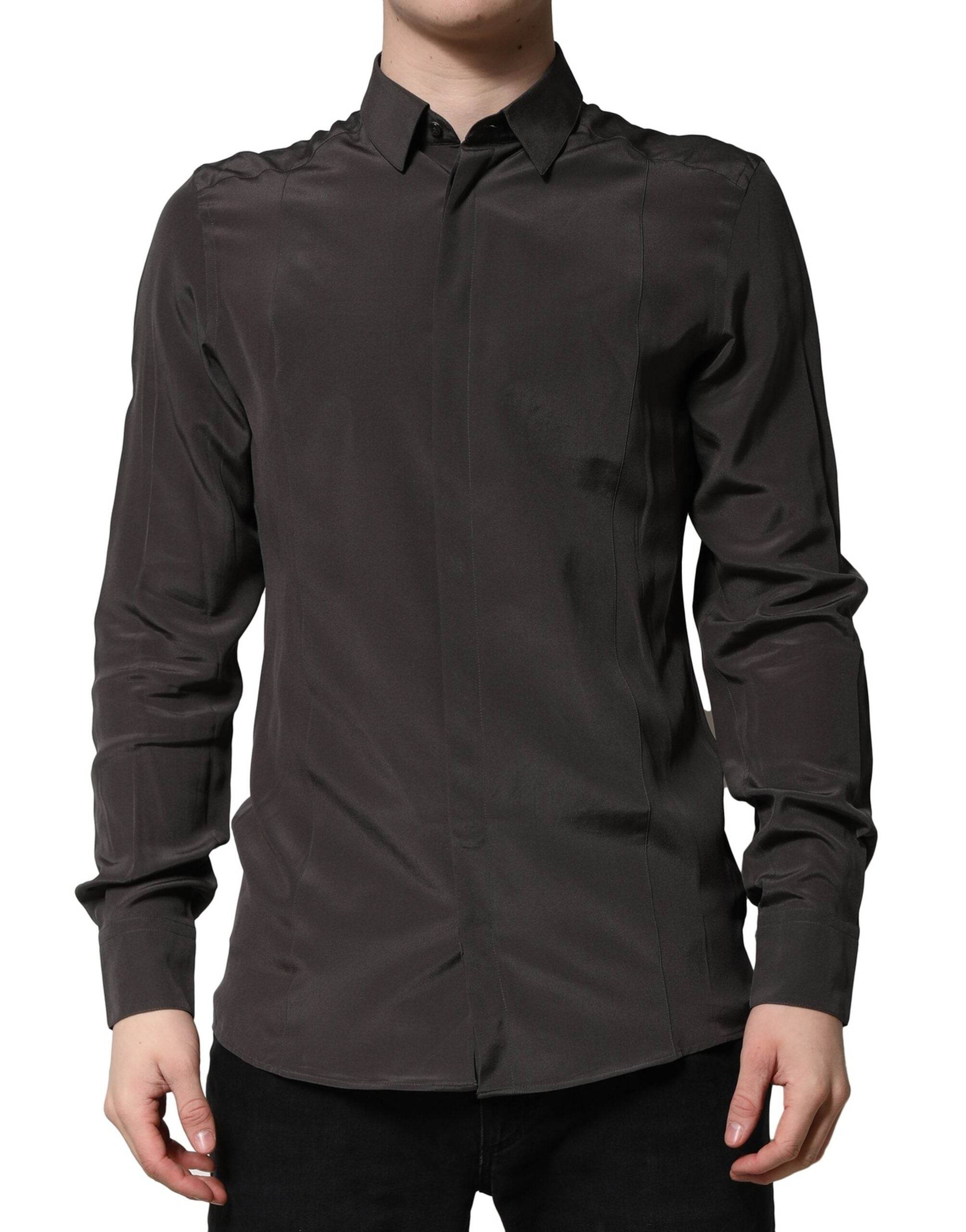 Dolce & Gabbana Dark Brown Silk GOLD Men Dress Formal Shirt - Hilstor