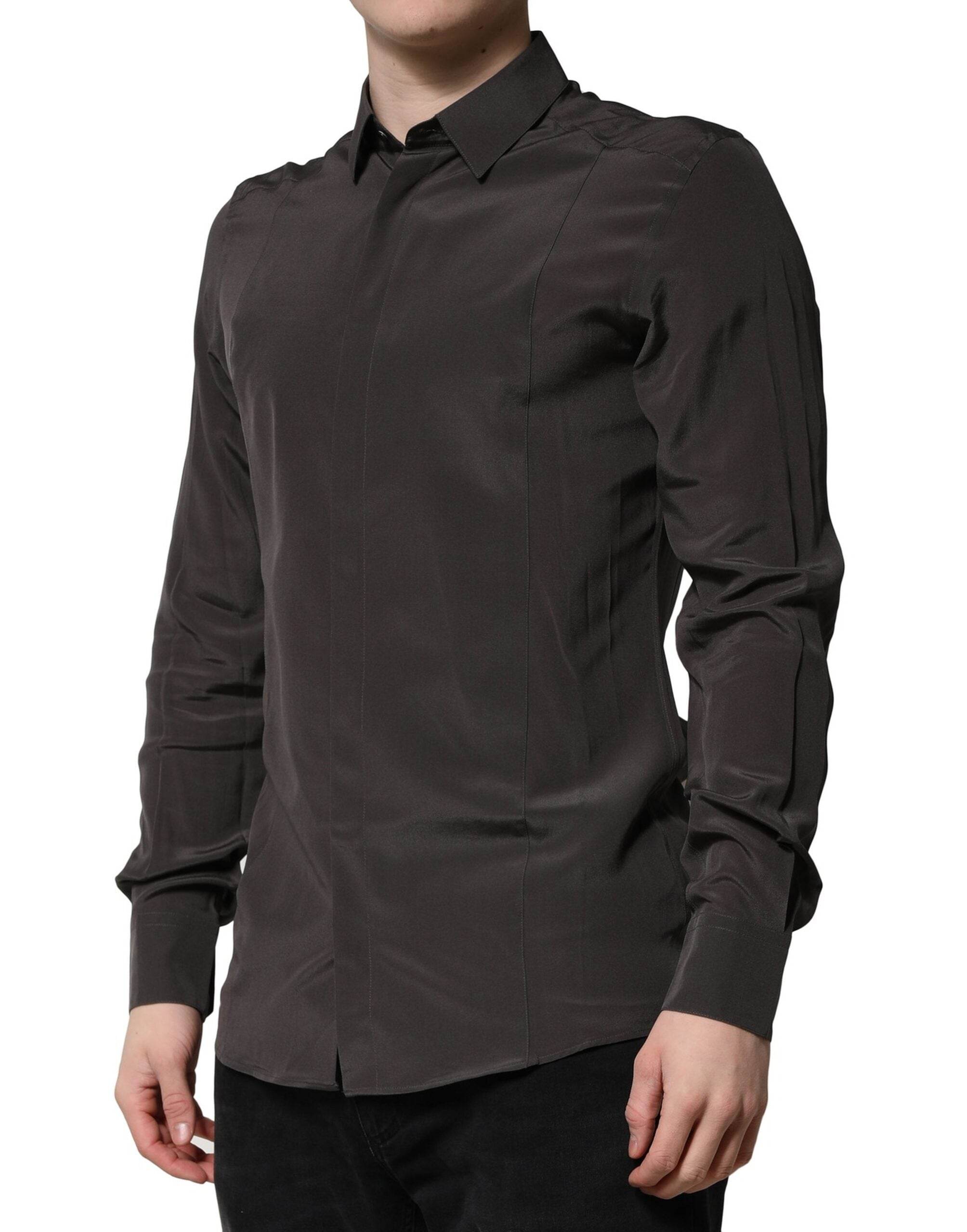Dolce & Gabbana Dark Brown Silk GOLD Men Dress Formal Shirt - Hilstor