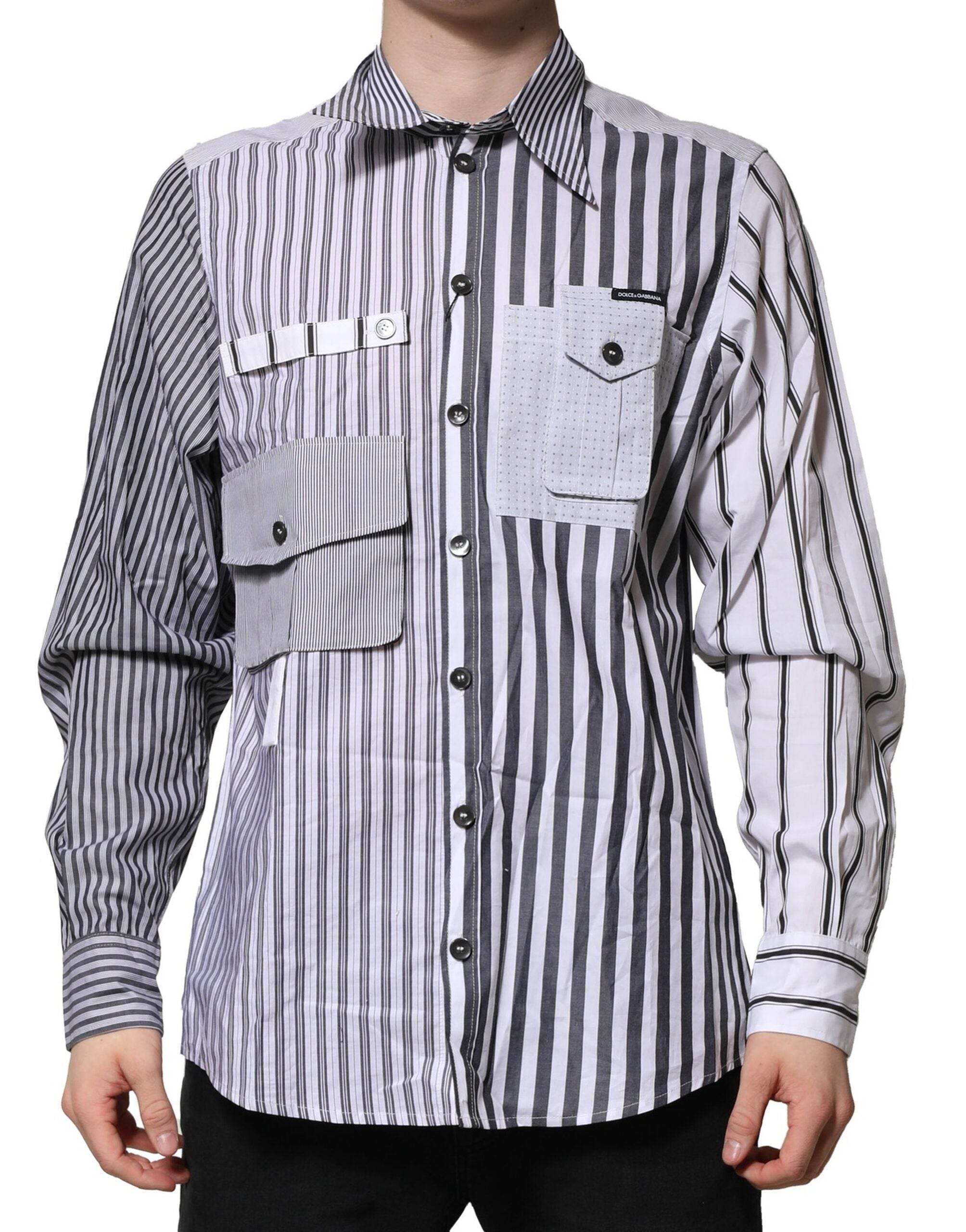 Dolce & Gabbana White Gray Striped Cotton Men Casual Shirt - Hilstor