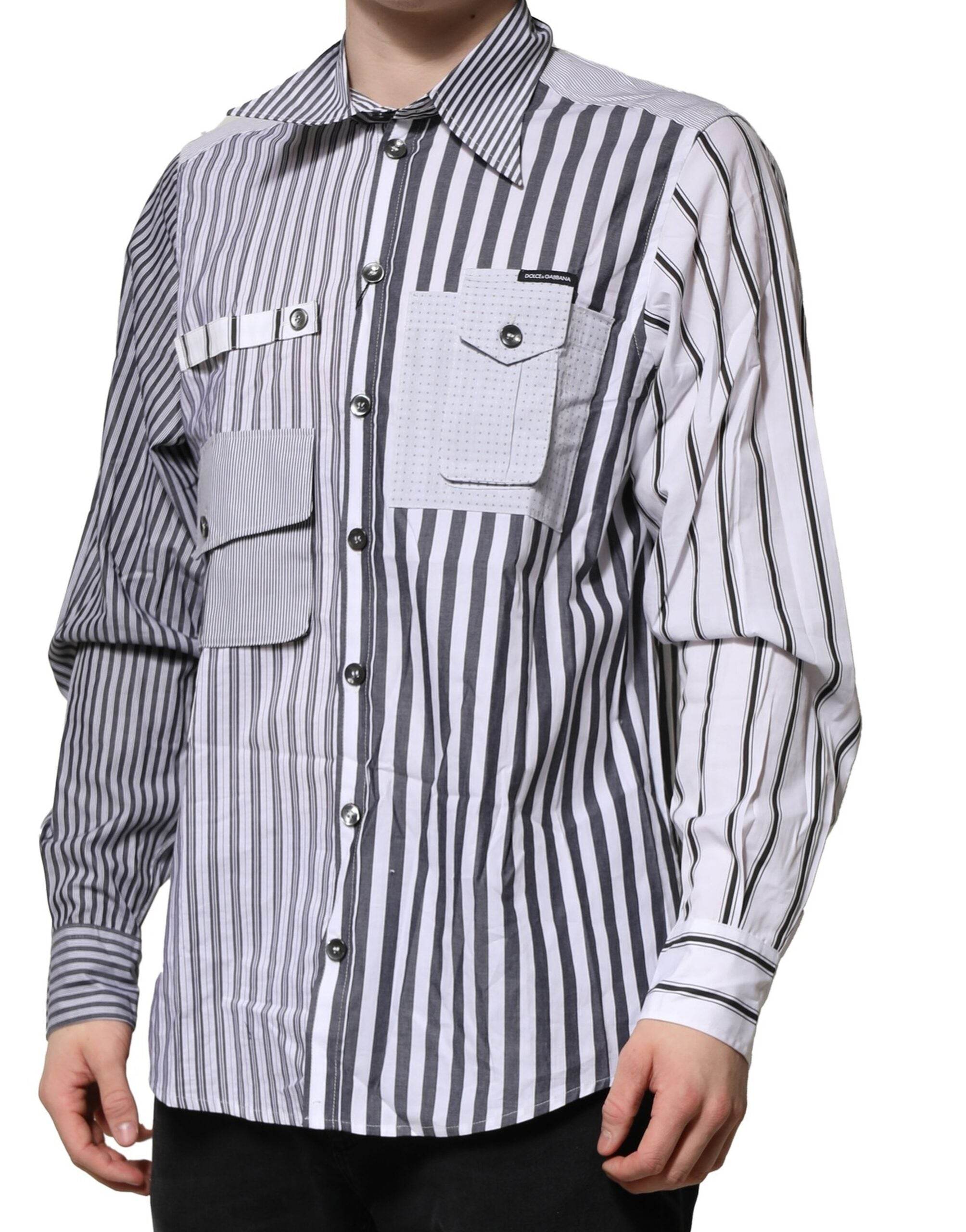 Dolce & Gabbana White Gray Striped Cotton Men Casual Shirt - Hilstor