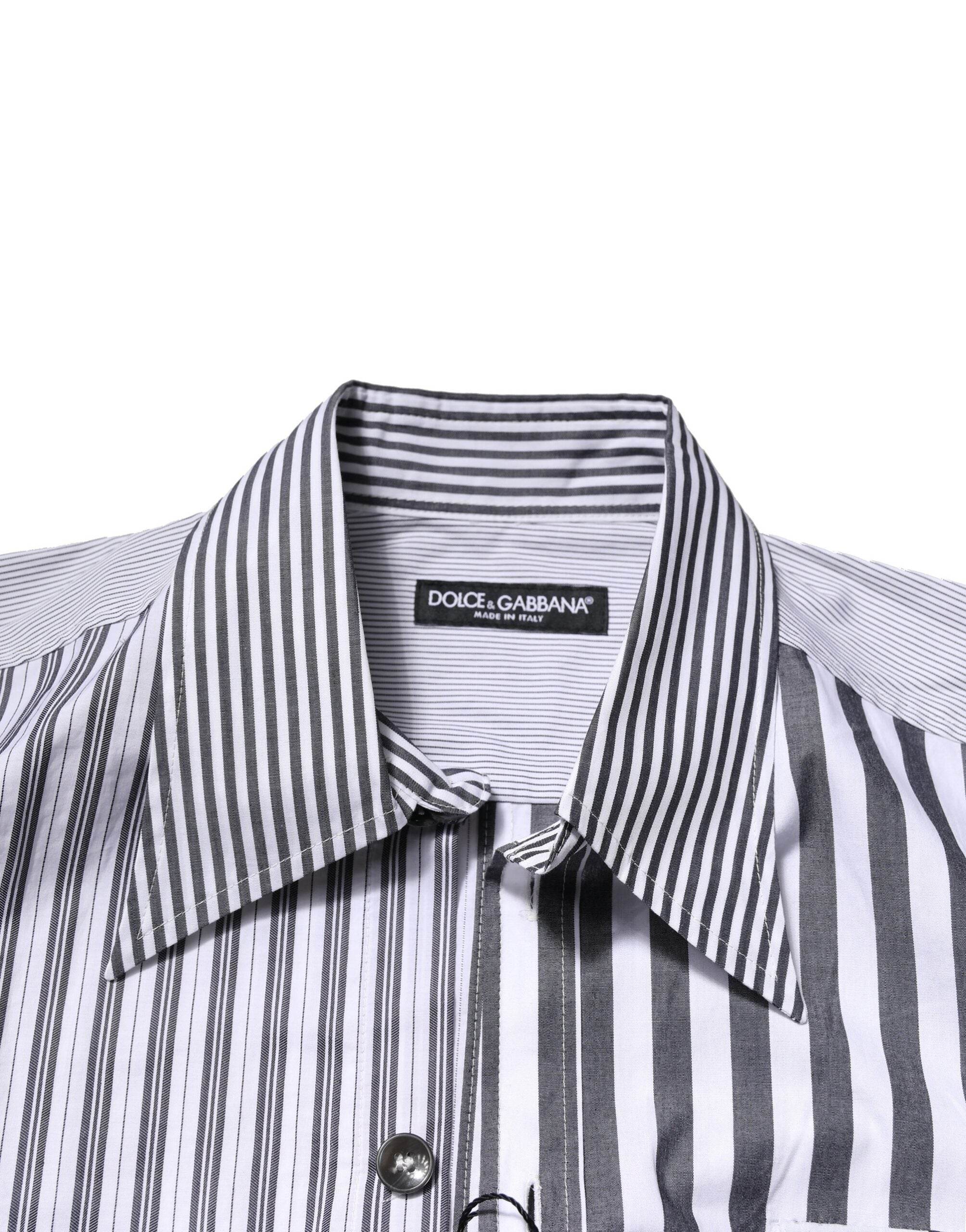 Dolce & Gabbana White Gray Striped Cotton Men Casual Shirt - Hilstor