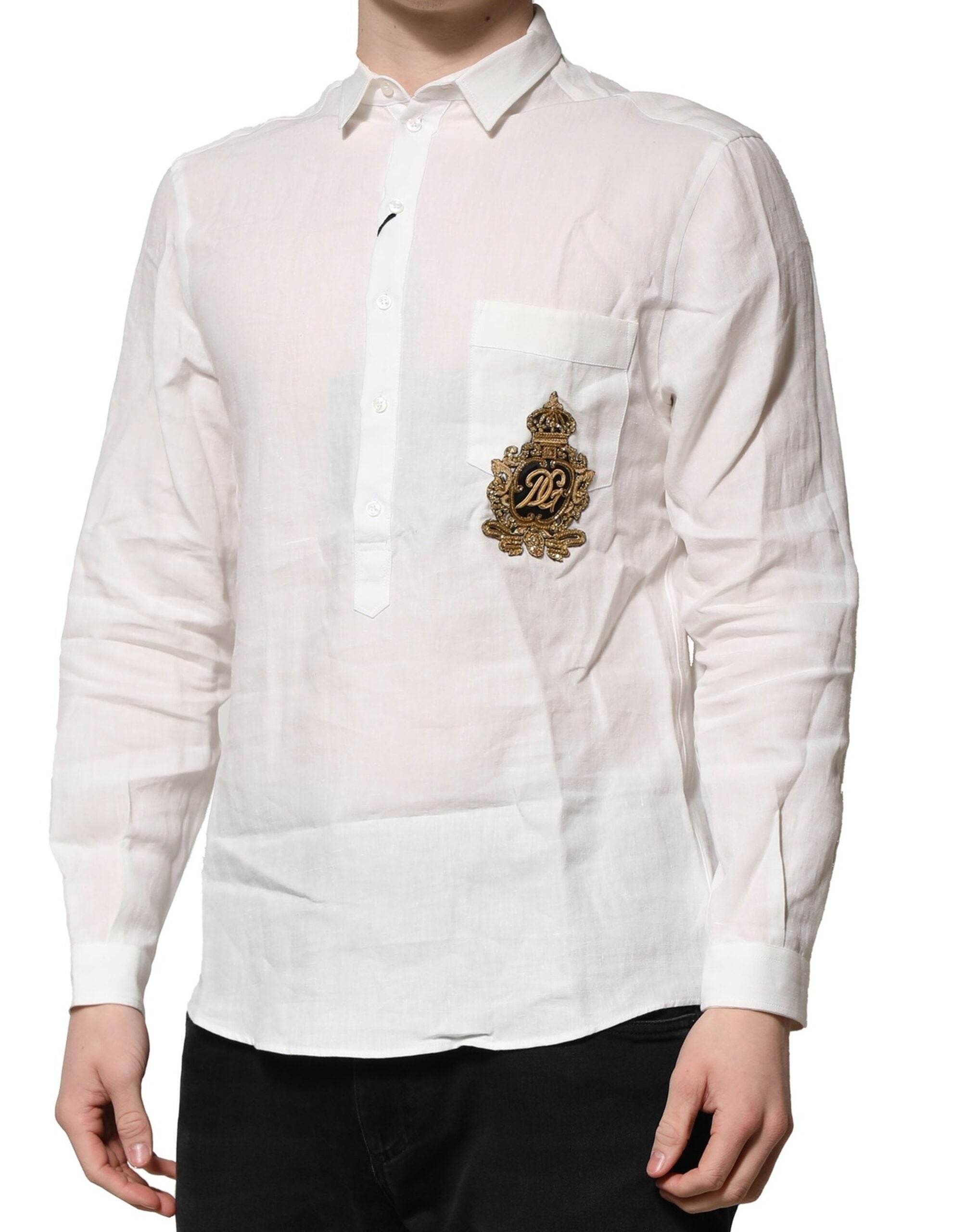 Dolce & Gabbana White DG Crown Embellish Dress Formal Shirt - Hilstor