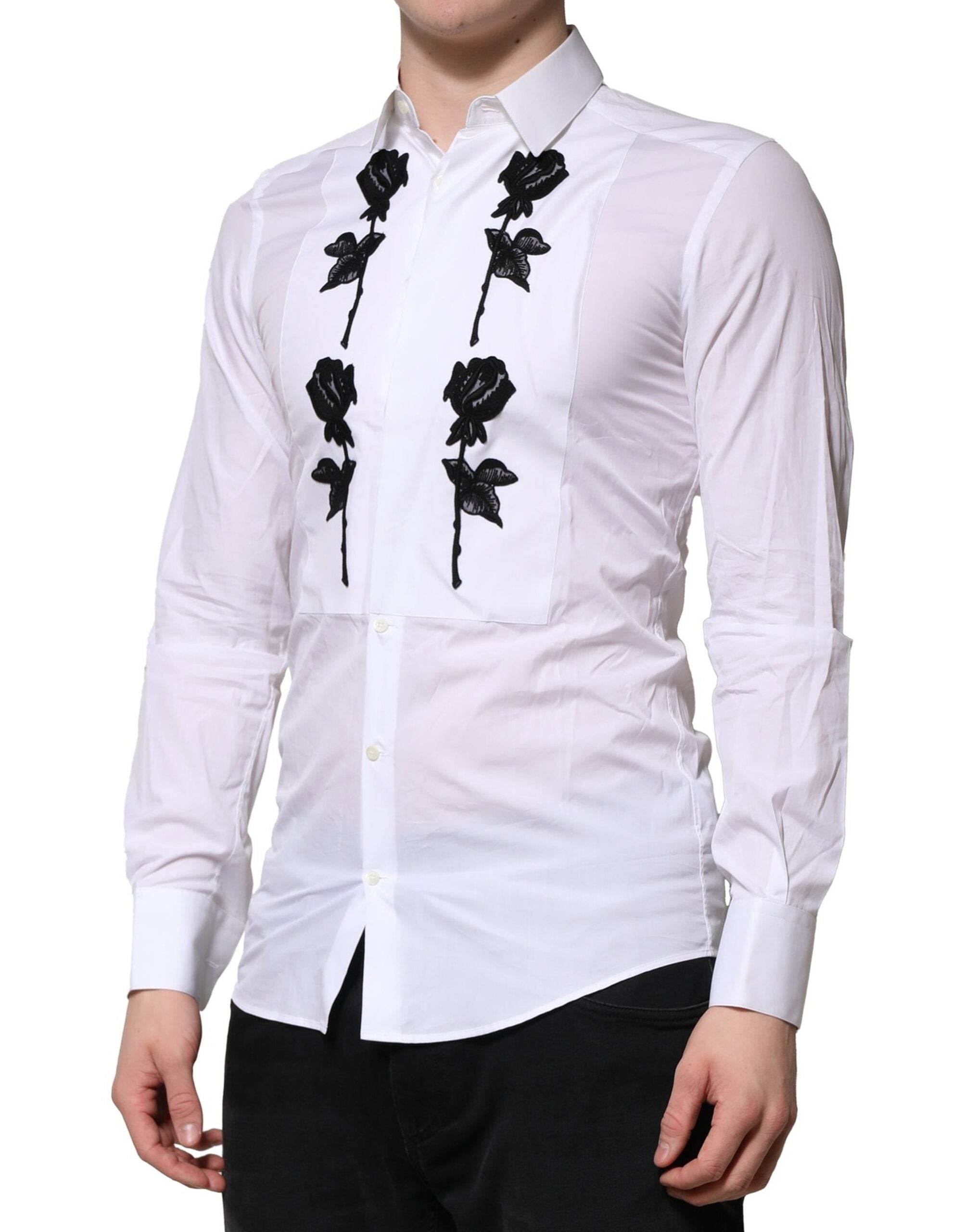 Dolce & Gabbana White Floral Embroidery Men GOLD Formal Shirt - Hilstor