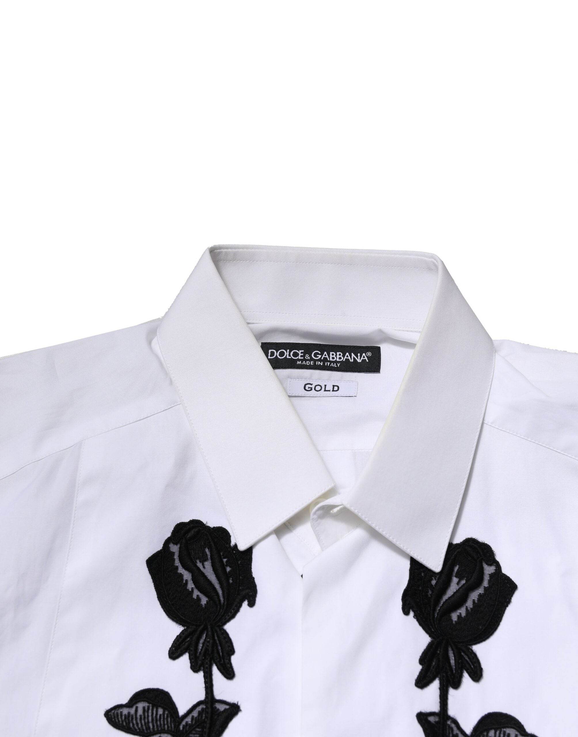 Dolce & Gabbana White Floral Embroidery Men GOLD Formal Shirt - Hilstor