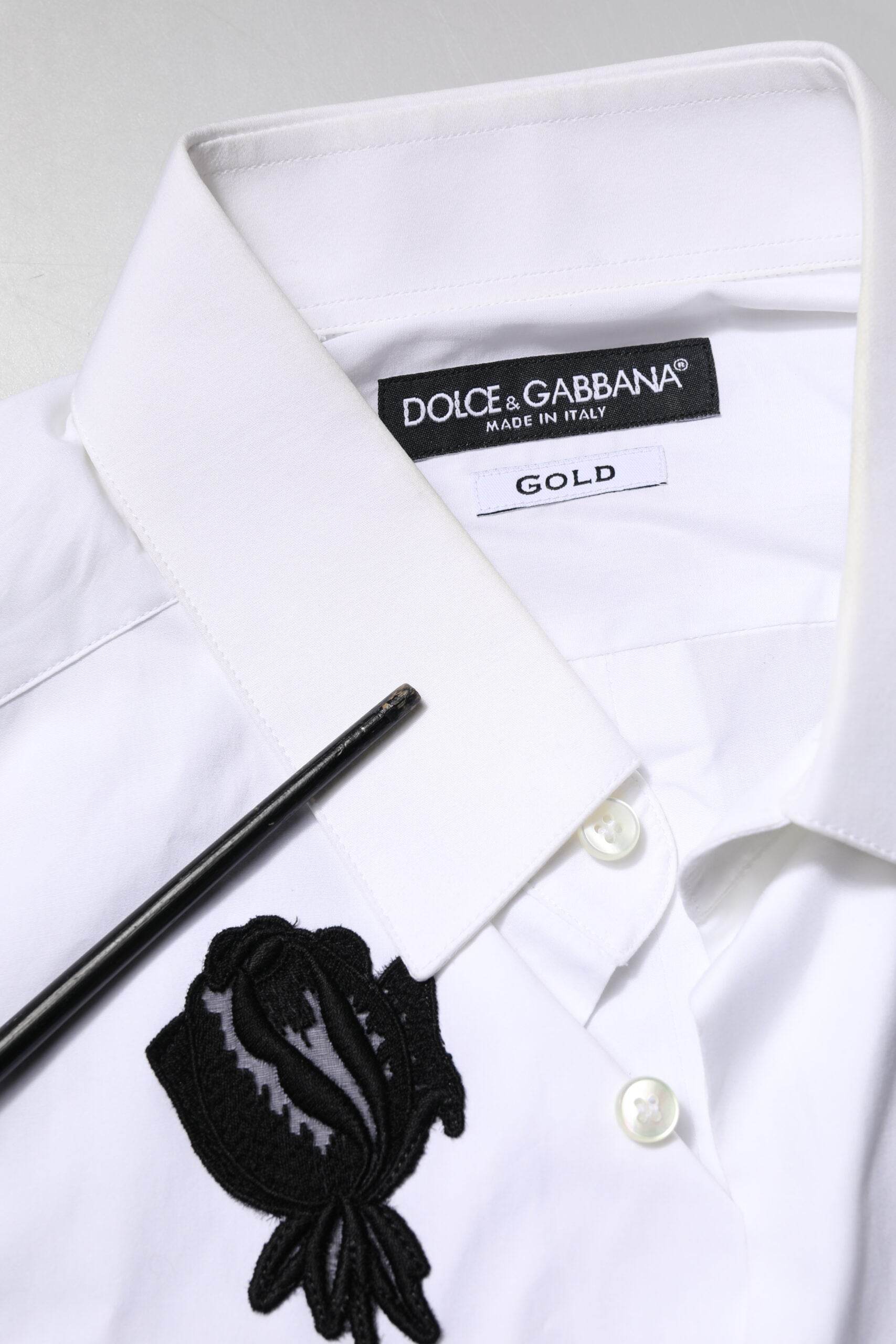 Dolce & Gabbana White Floral Embroidery Men GOLD Formal Shirt - Hilstor