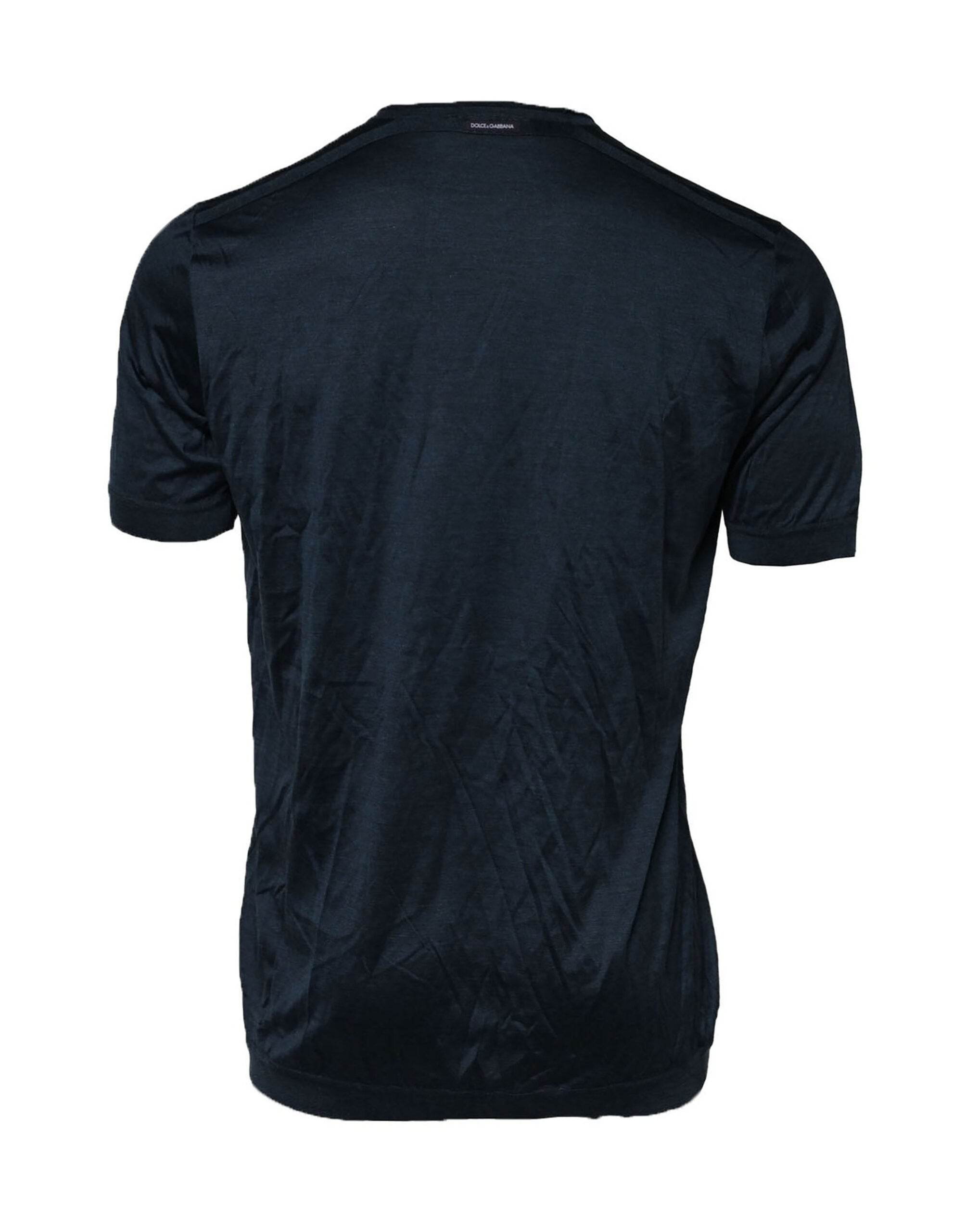 Dolce & Gabbana Dark Blue Silk Logo Patch Crew Neck T-shirt - Hilstor