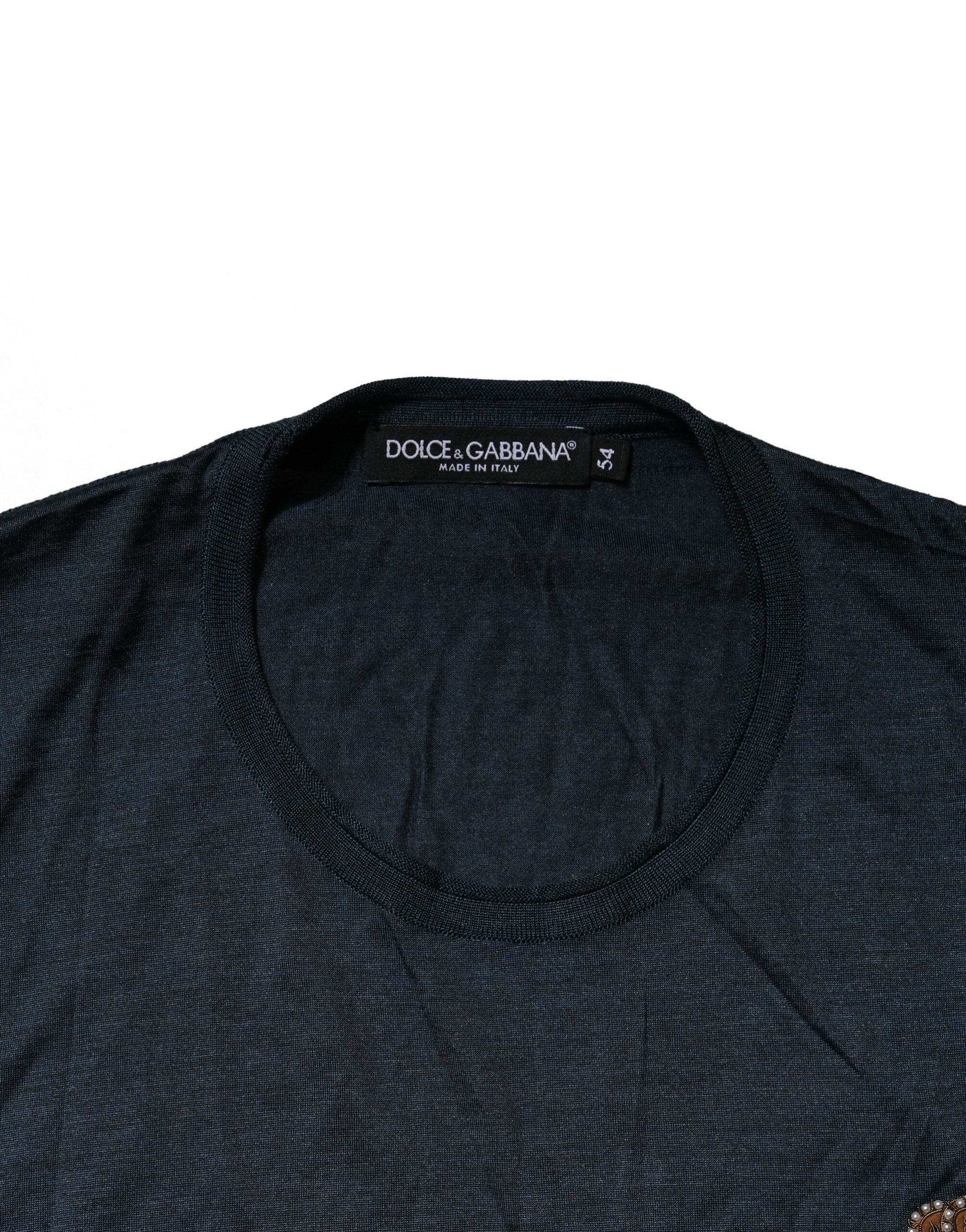Dolce & Gabbana Dark Blue Silk Logo Patch Crew Neck T-shirt - Hilstor