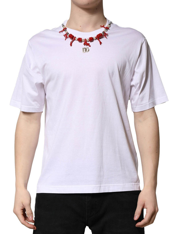 Dolce & Gabbana White Embellished Cotton Crew Neck T-shirt - Hilstor
