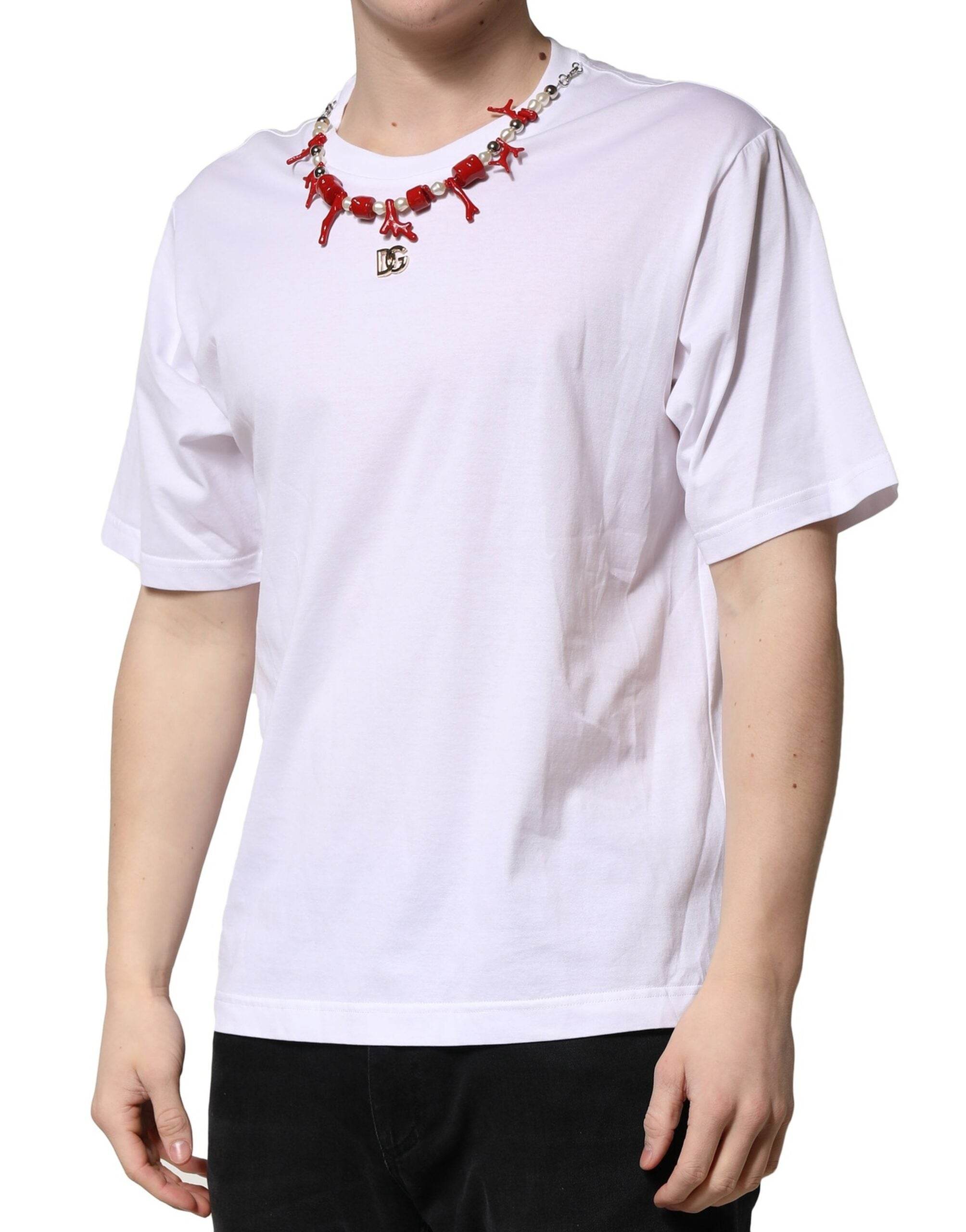 Dolce & Gabbana White Embellished Cotton Crew Neck T-shirt - Hilstor