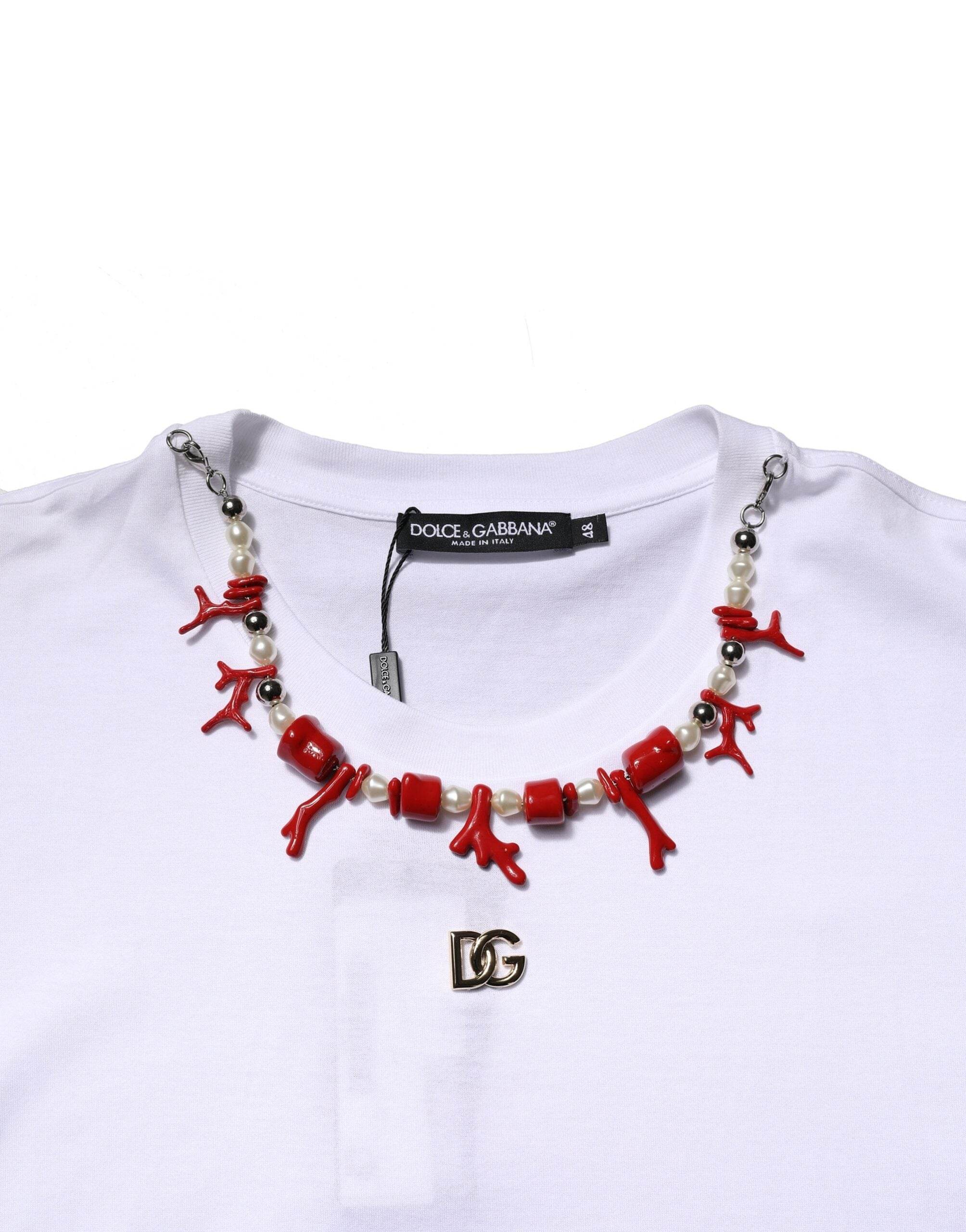 Dolce & Gabbana White Embellished Cotton Crew Neck T-shirt - Hilstor