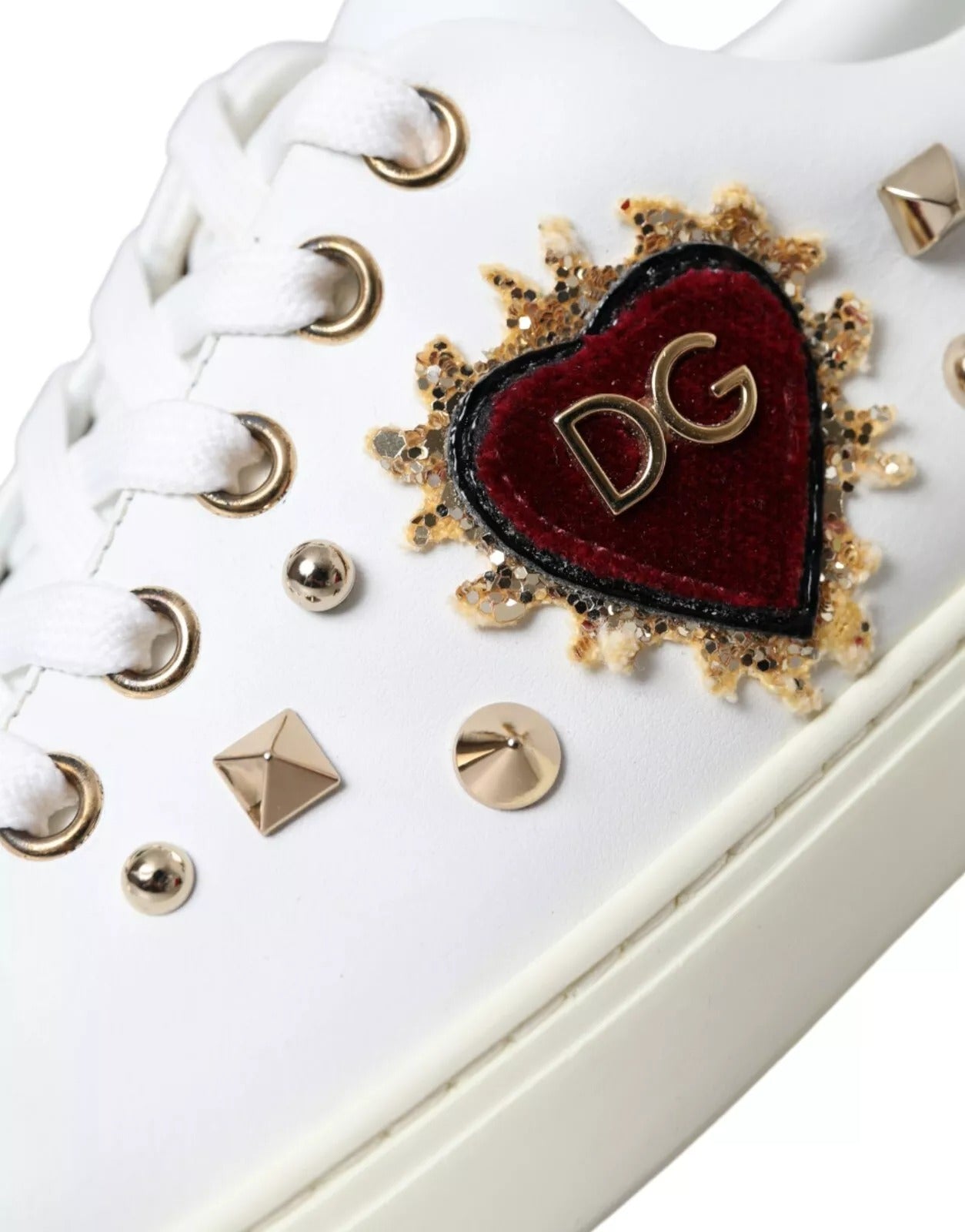 Dolce &amp; Gabbana Hvidt Læder Guld Rødt Hjerte Sneakers Sko