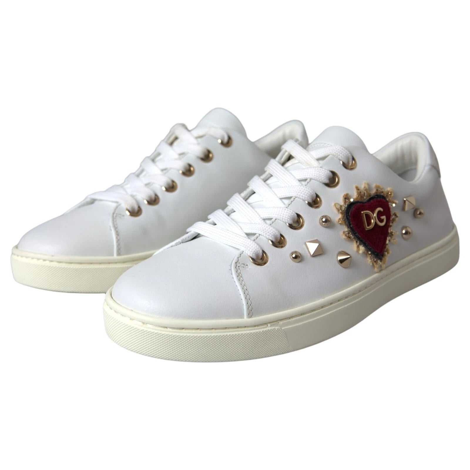 Dolce &amp; Gabbana Hvidt Læder Guld Rødt Hjerte Sneakers Sko