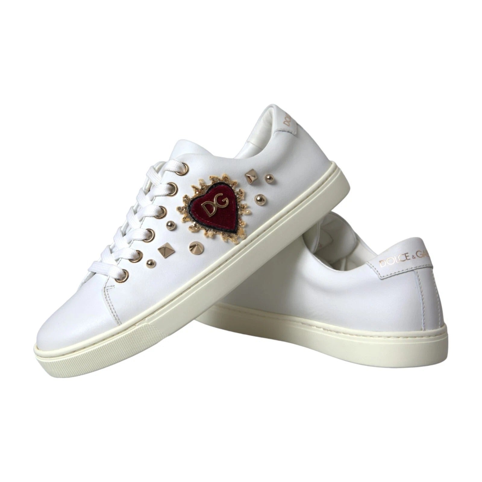 Dolce &amp; Gabbana Hvidt Læder Guld Rødt Hjerte Sneakers Sko