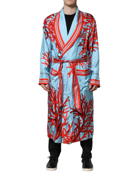 Dolce & Gabbana Blue Red Coral Print Wrap Robe Coat Jacket - Hilstor
