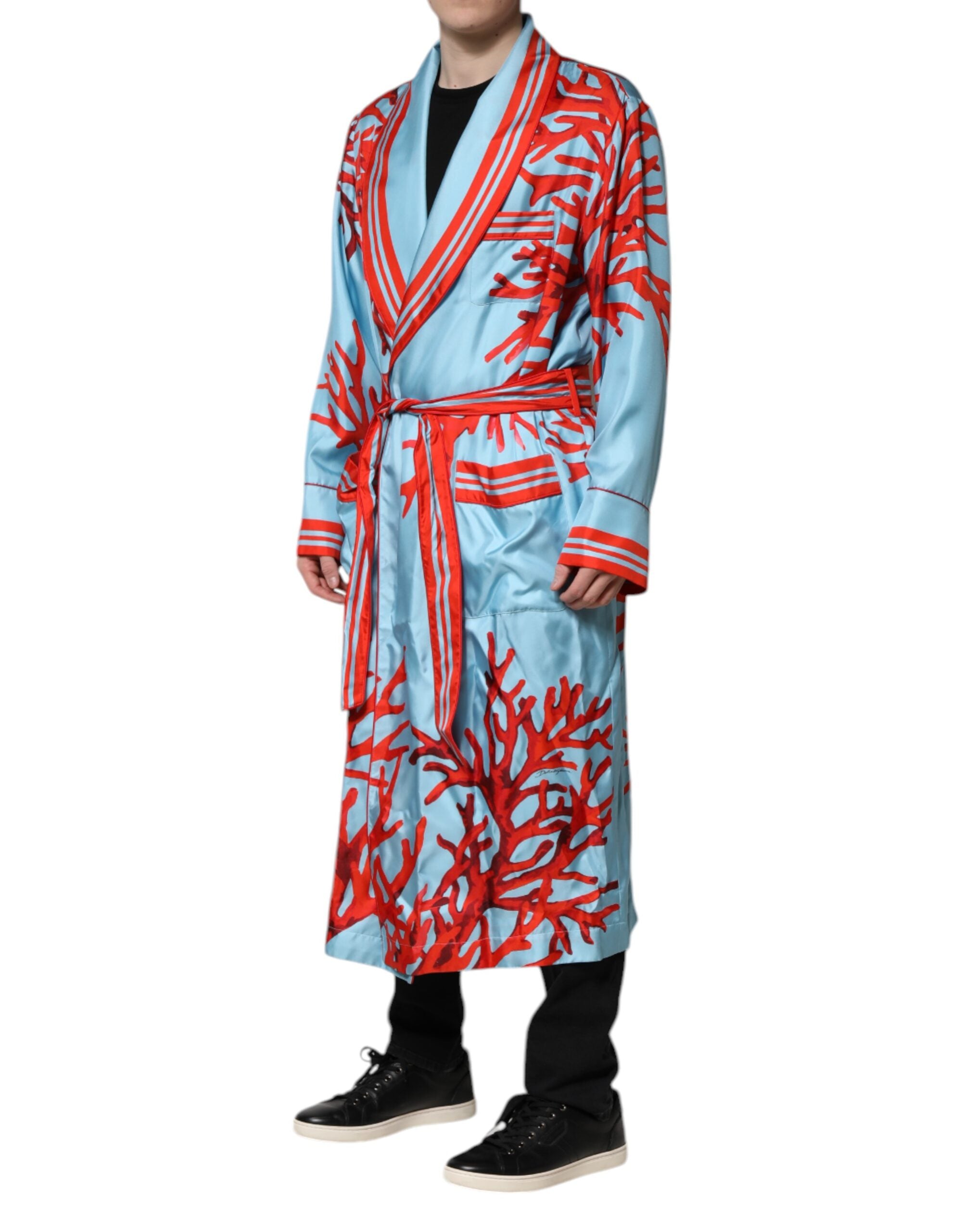 Dolce &amp; Gabbana Blå Rød Koral Print Wrap Robe Coat Jakke