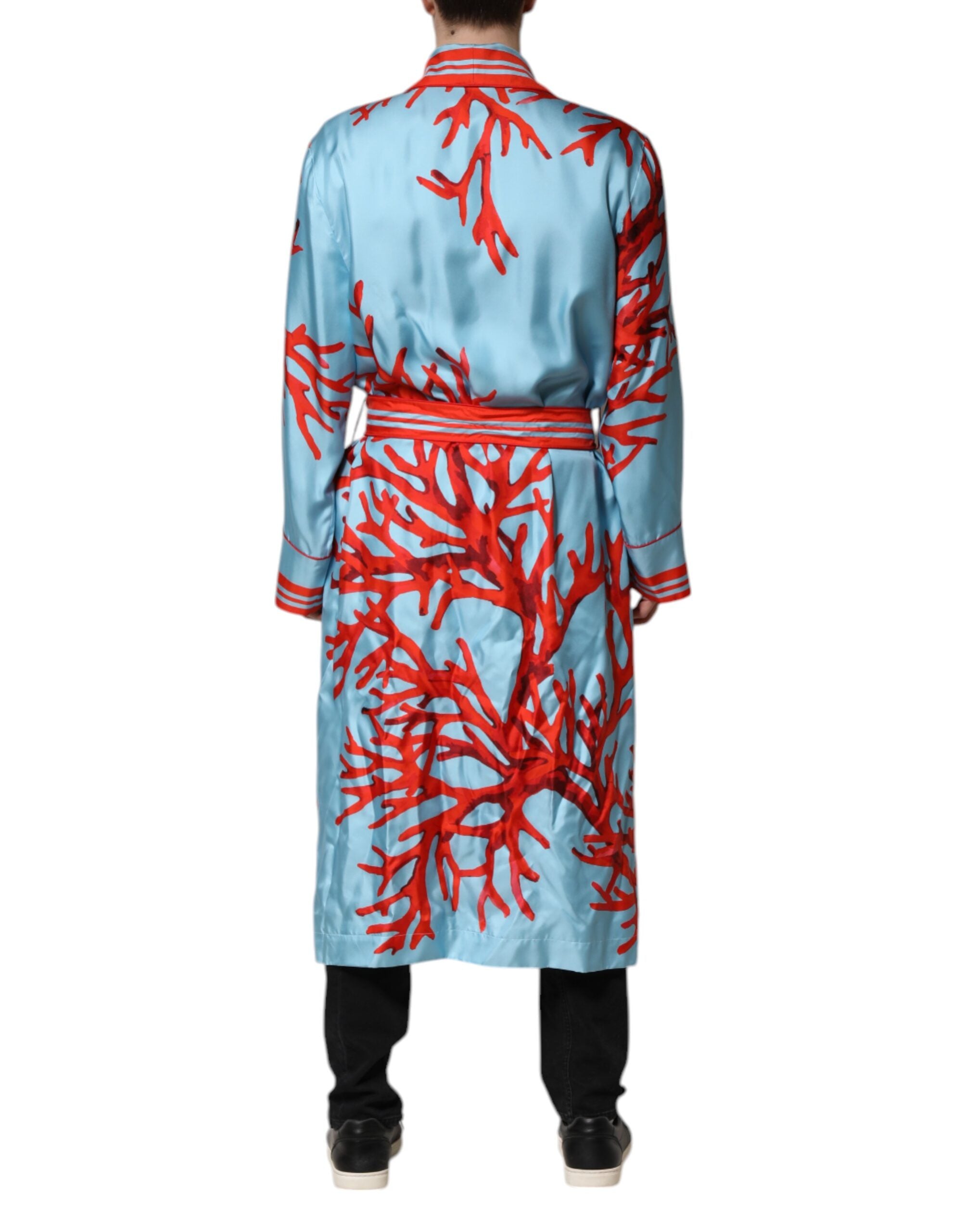 Dolce &amp; Gabbana Blå Rød Koral Print Wrap Robe Coat Jakke