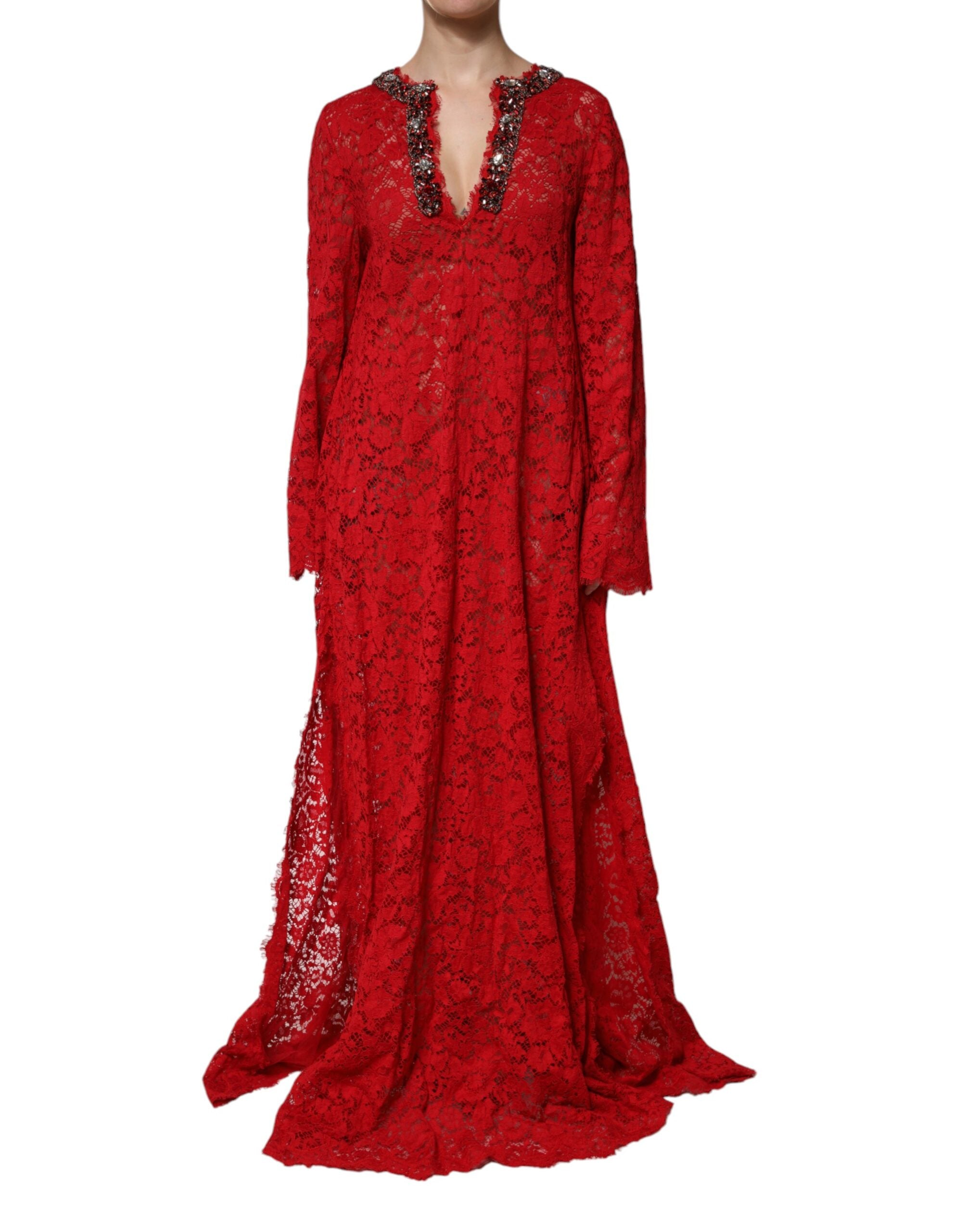 Dolce &amp; Gabbana Rød Blomsterkjole med Blonde og Rhinstensudsmykning