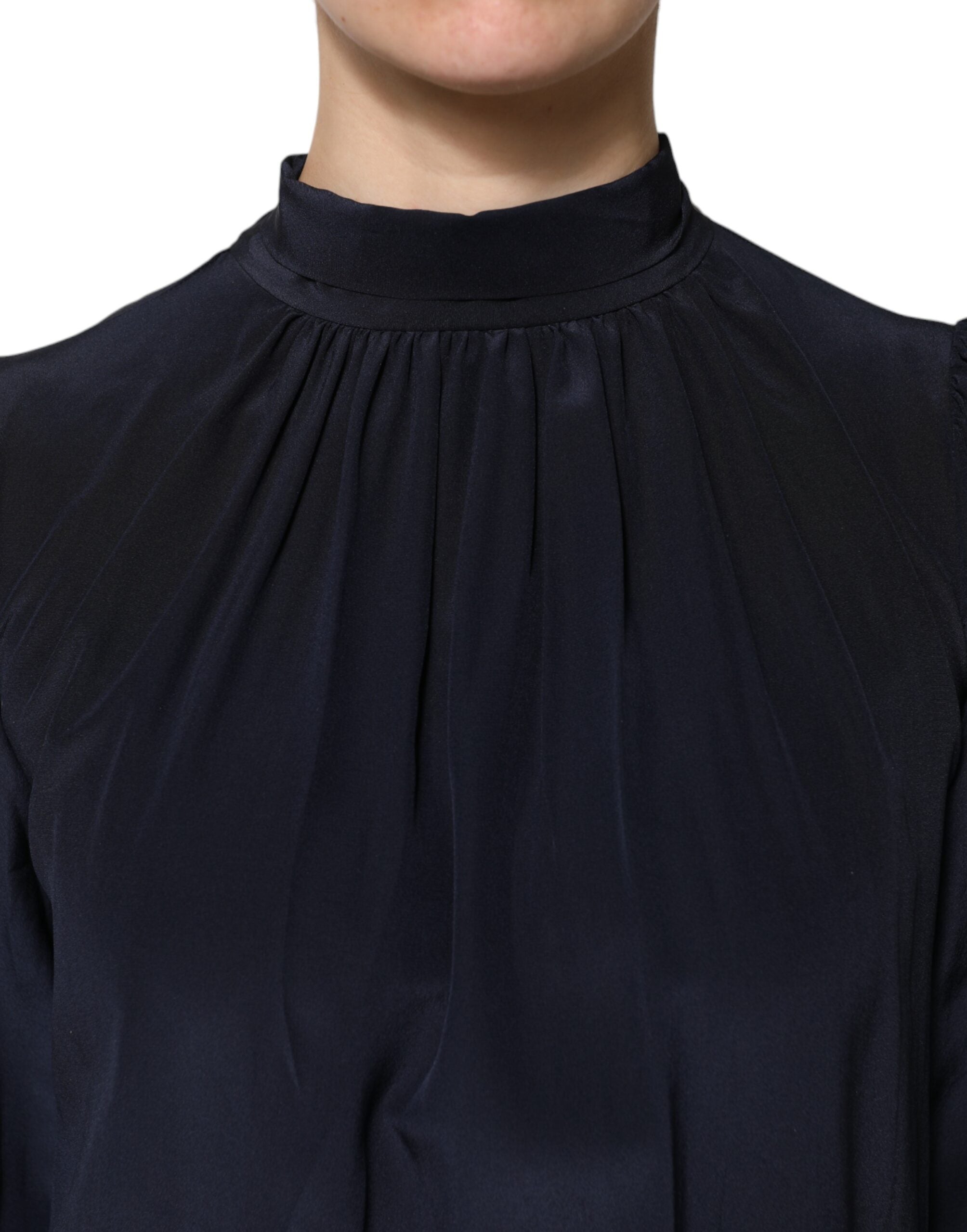 Dolce &amp; Gabbana Blå Sidenblus Med Hög Halsringning Långärmad