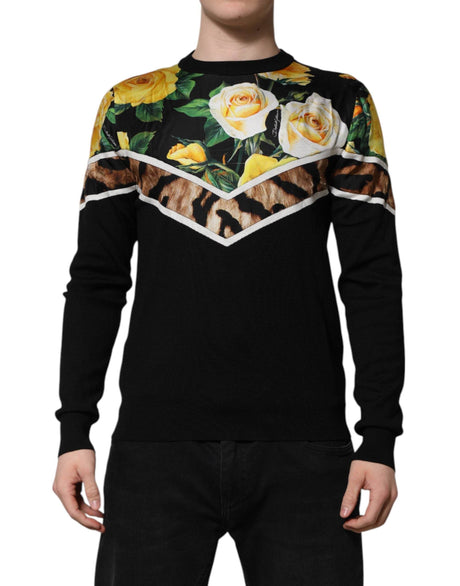 Dolce & Gabbana Black Silk Floral Crew Neck Pullover Sweater - Hilstor