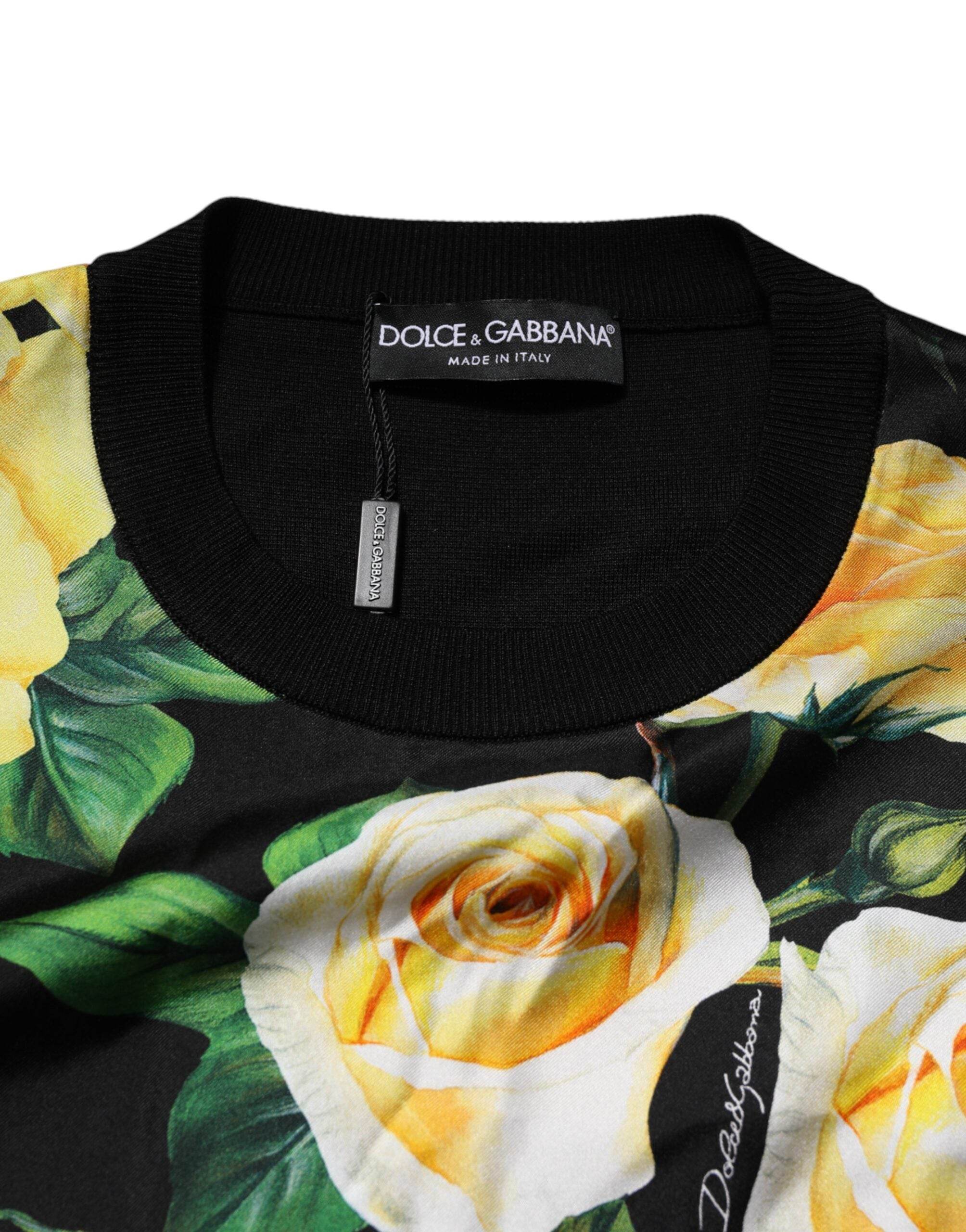 Dolce & Gabbana Black Silk Floral Crew Neck Pullover Sweater - Hilstor