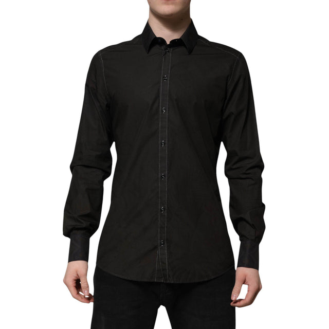 Dolce & Gabbana Black Cotton Jacquard GOLD Collar Dress Shirt - Hilstor