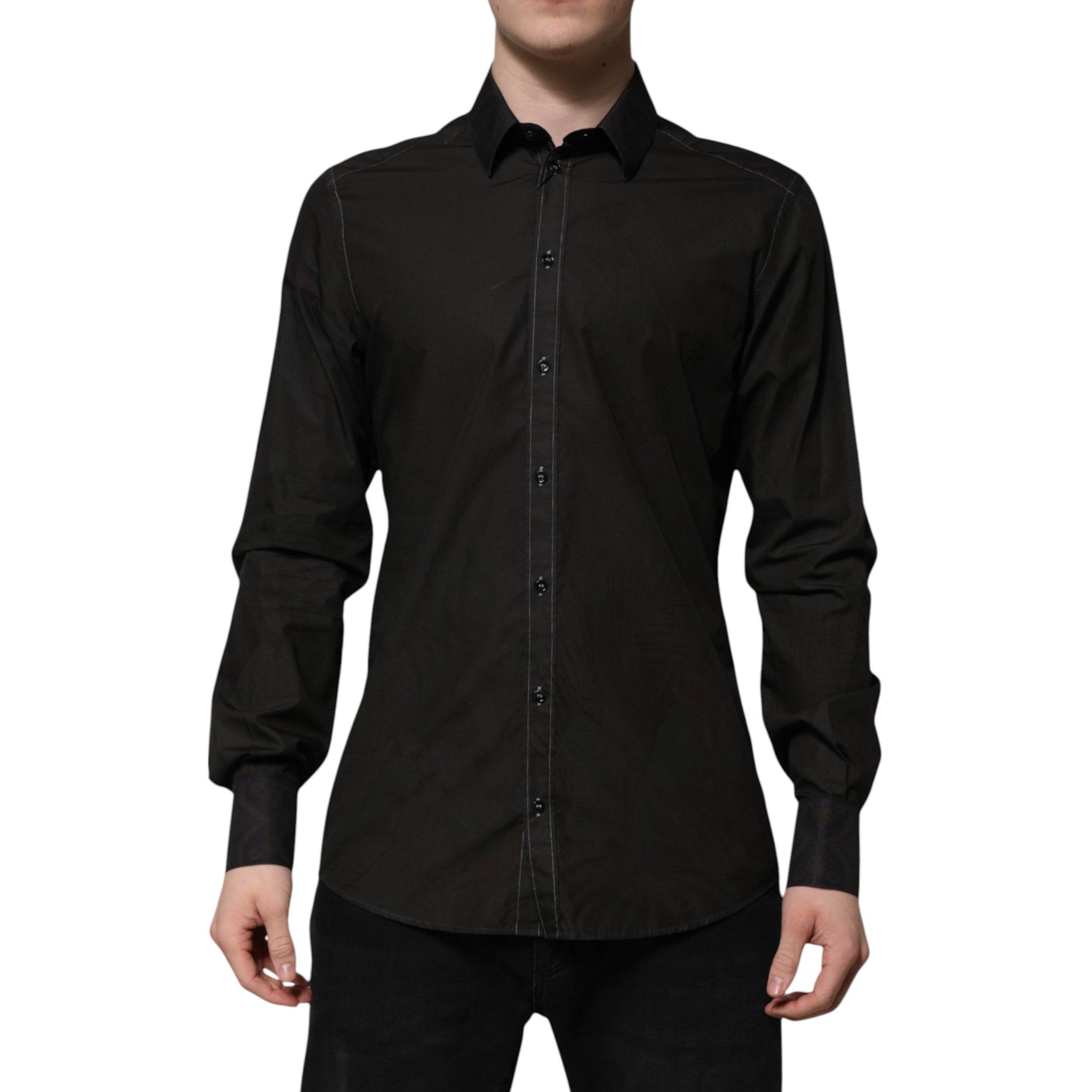 Dolce & Gabbana Black Cotton Jacquard GOLD Collar Dress Shirt - Hilstor