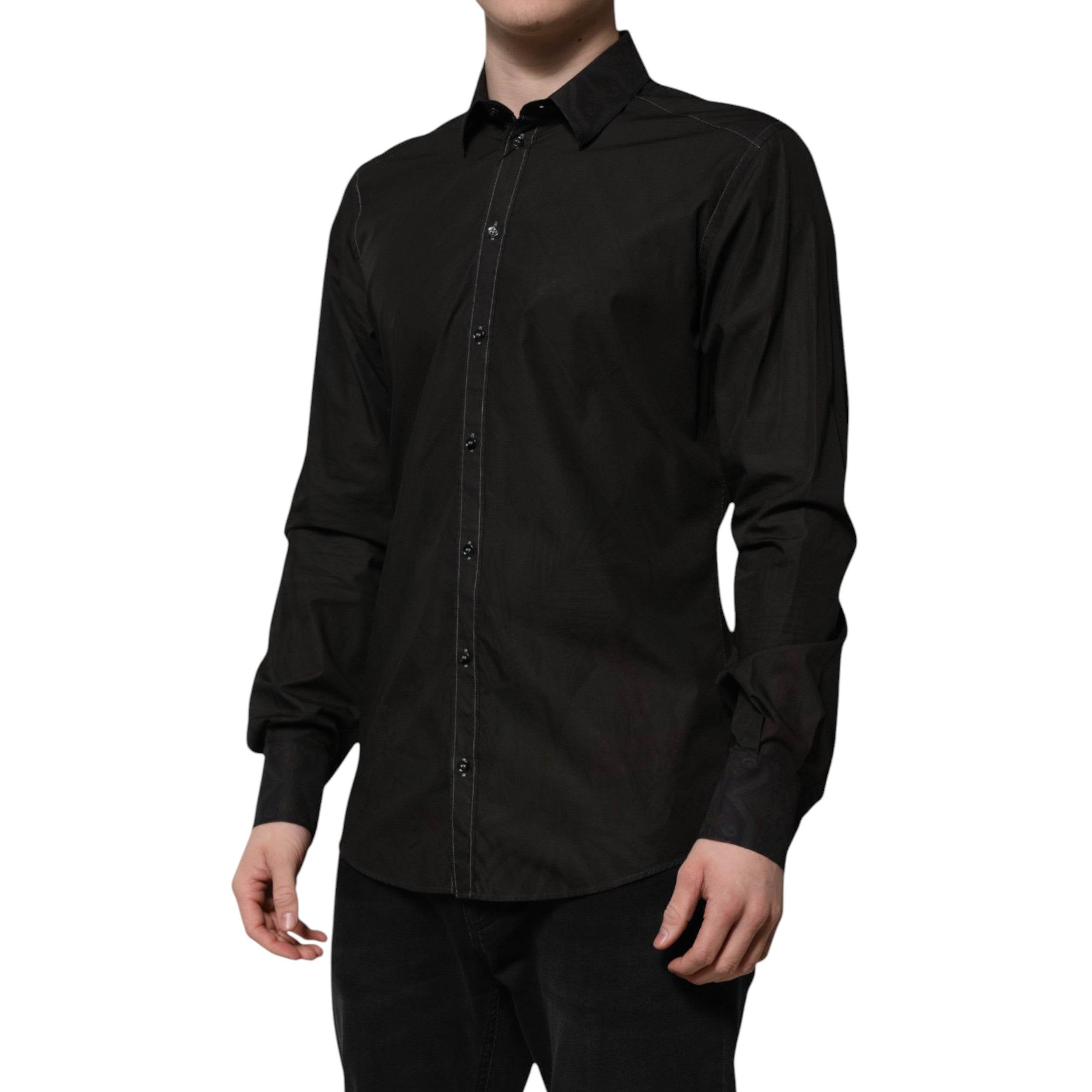 Dolce & Gabbana Black Cotton Jacquard GOLD Collar Dress Shirt - Hilstor