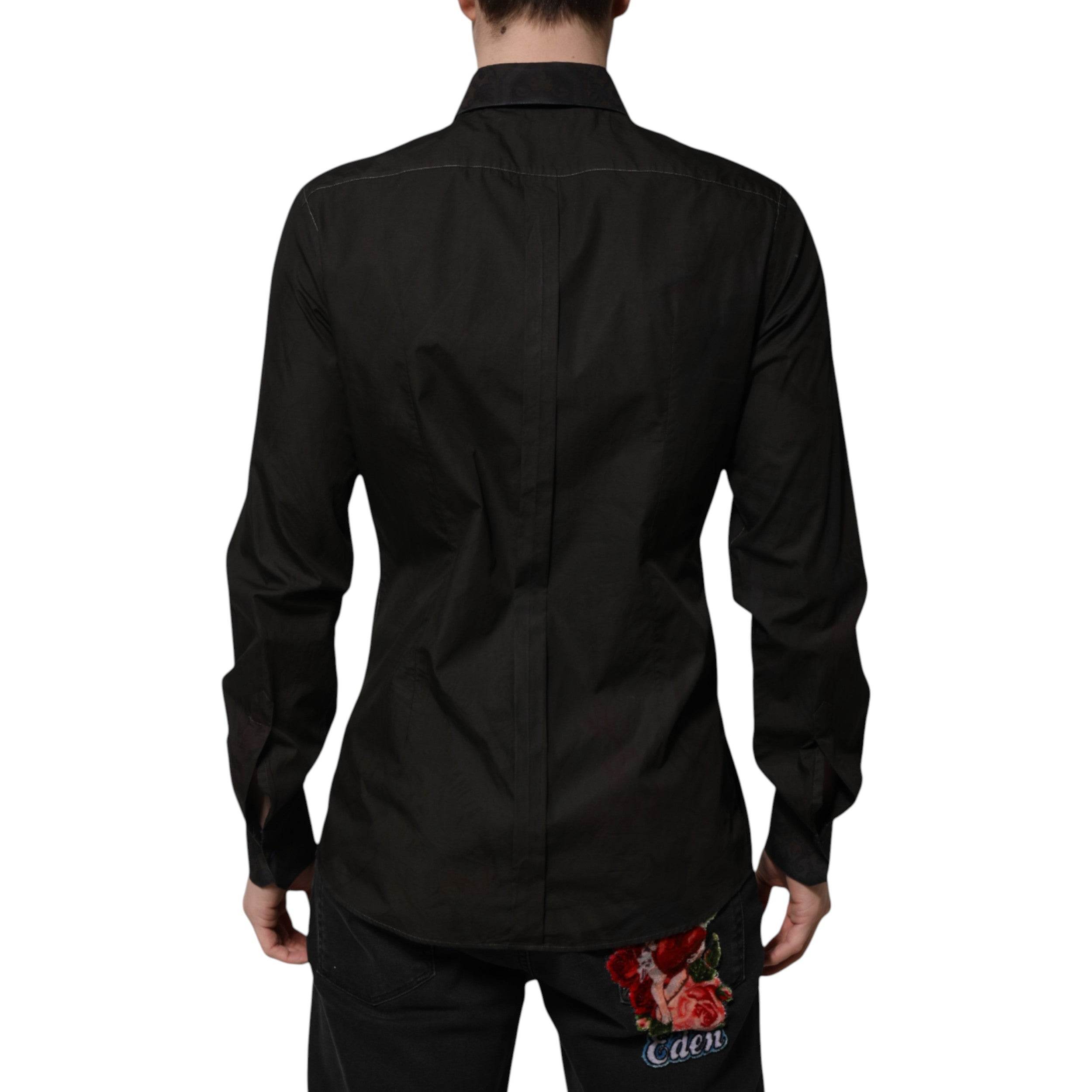 Dolce & Gabbana Black Cotton Jacquard GOLD Collar Dress Shirt - Hilstor