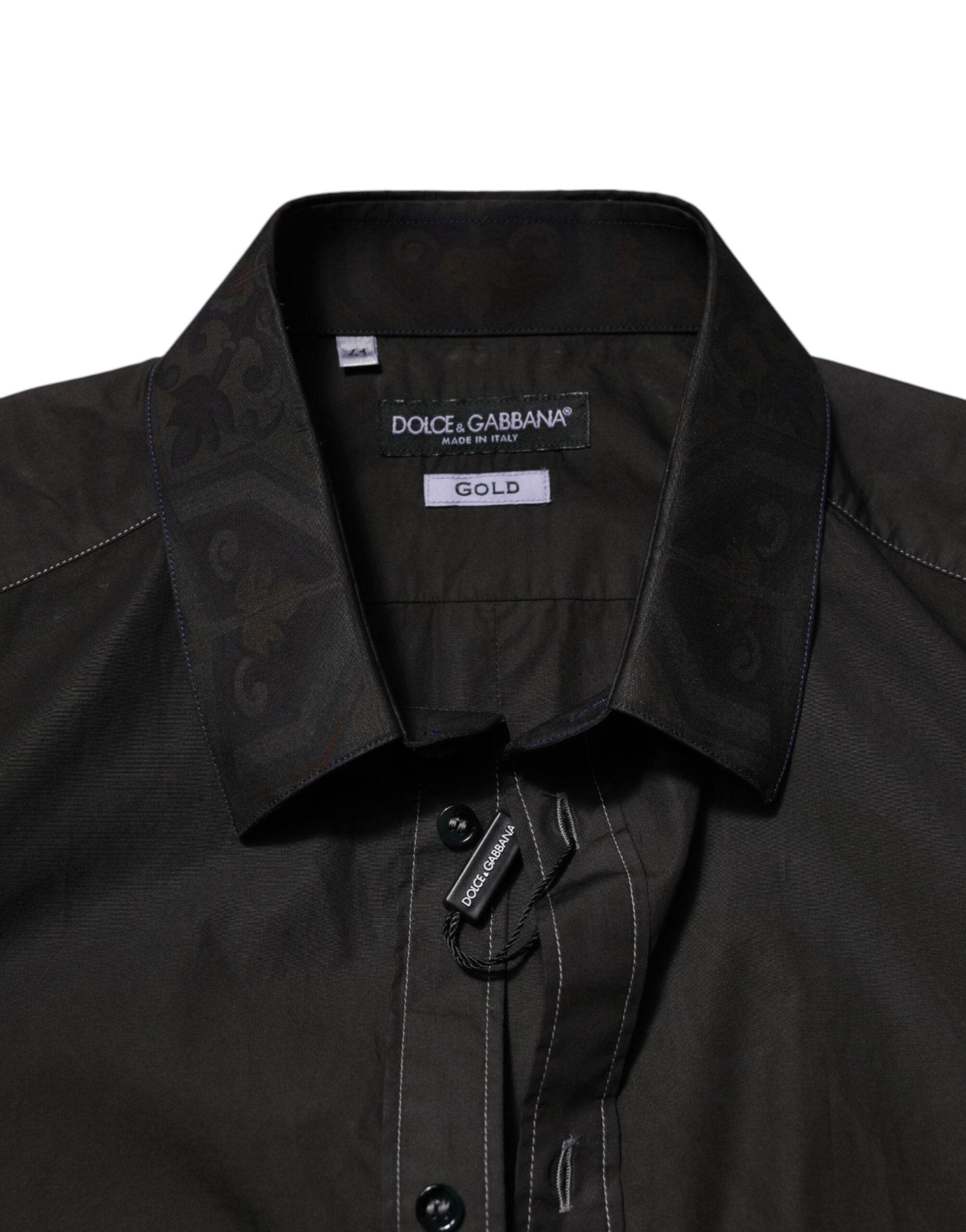Dolce & Gabbana Black Cotton Jacquard GOLD Collar Dress Shirt - Hilstor