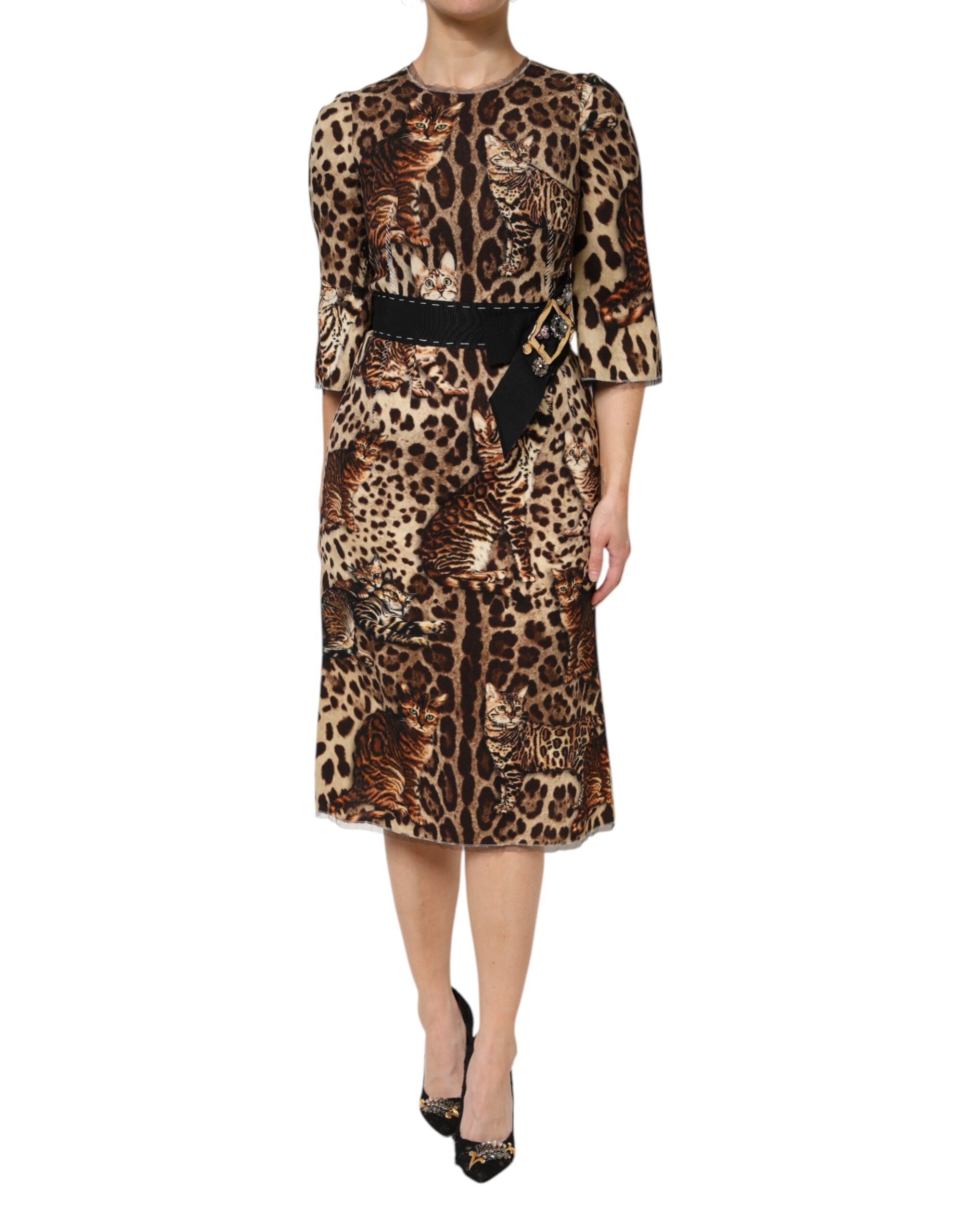 Dolce &amp; Gabbana Brun Leopardprint Midikjole med Bælte og A-linje
