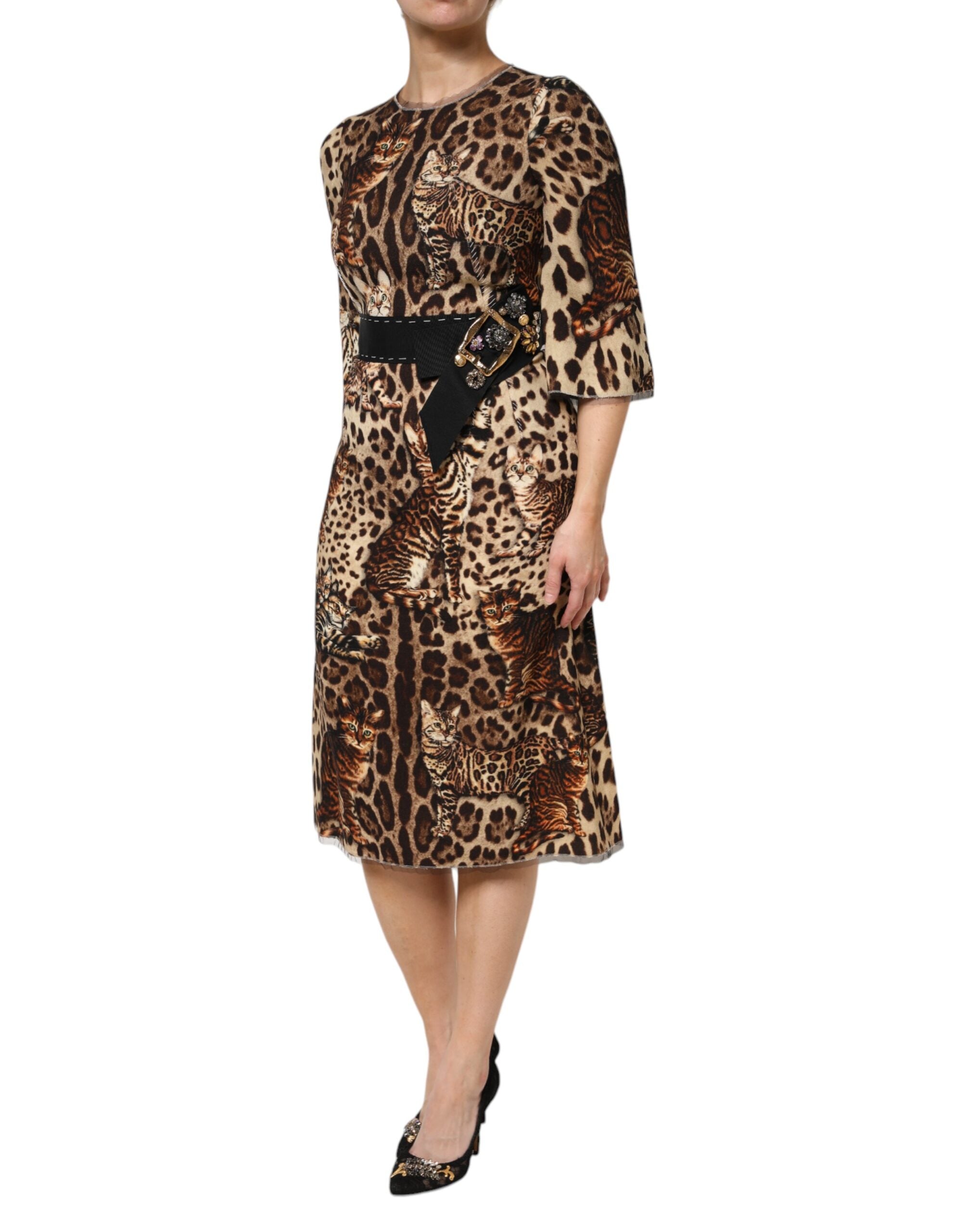 Dolce &amp; Gabbana Brun Leopardprint Midikjole med Bælte og A-linje