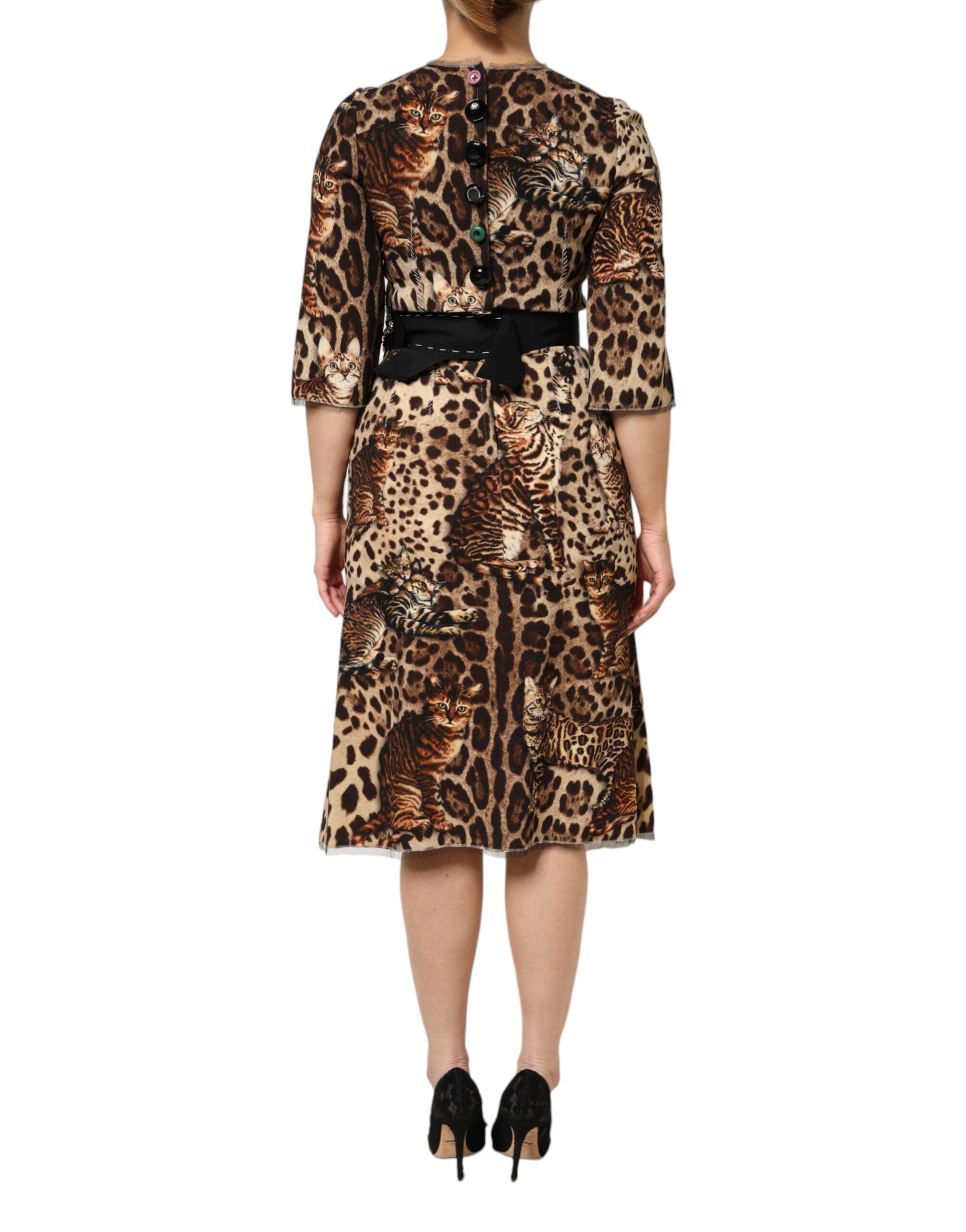 Dolce &amp; Gabbana Brun Leopardprint Midikjole med Bælte og A-linje