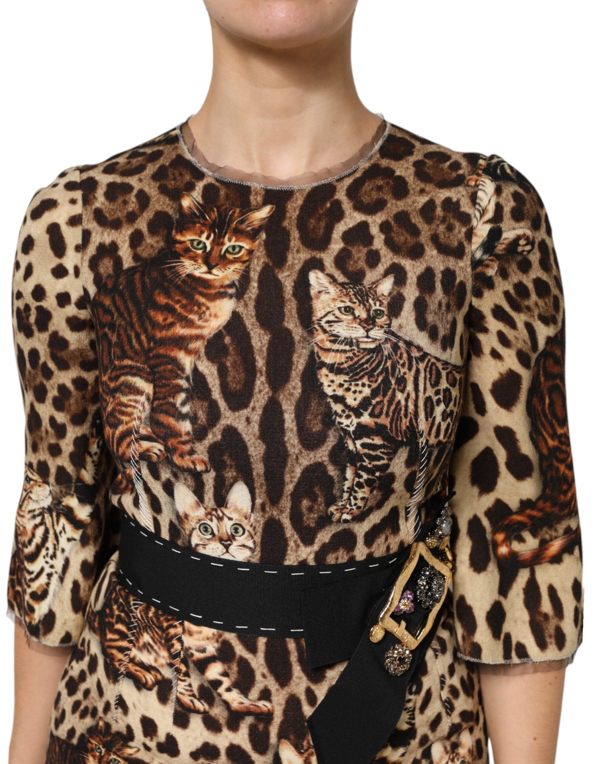 Dolce &amp; Gabbana Brun Leopardprint Midikjole med Bælte og A-linje