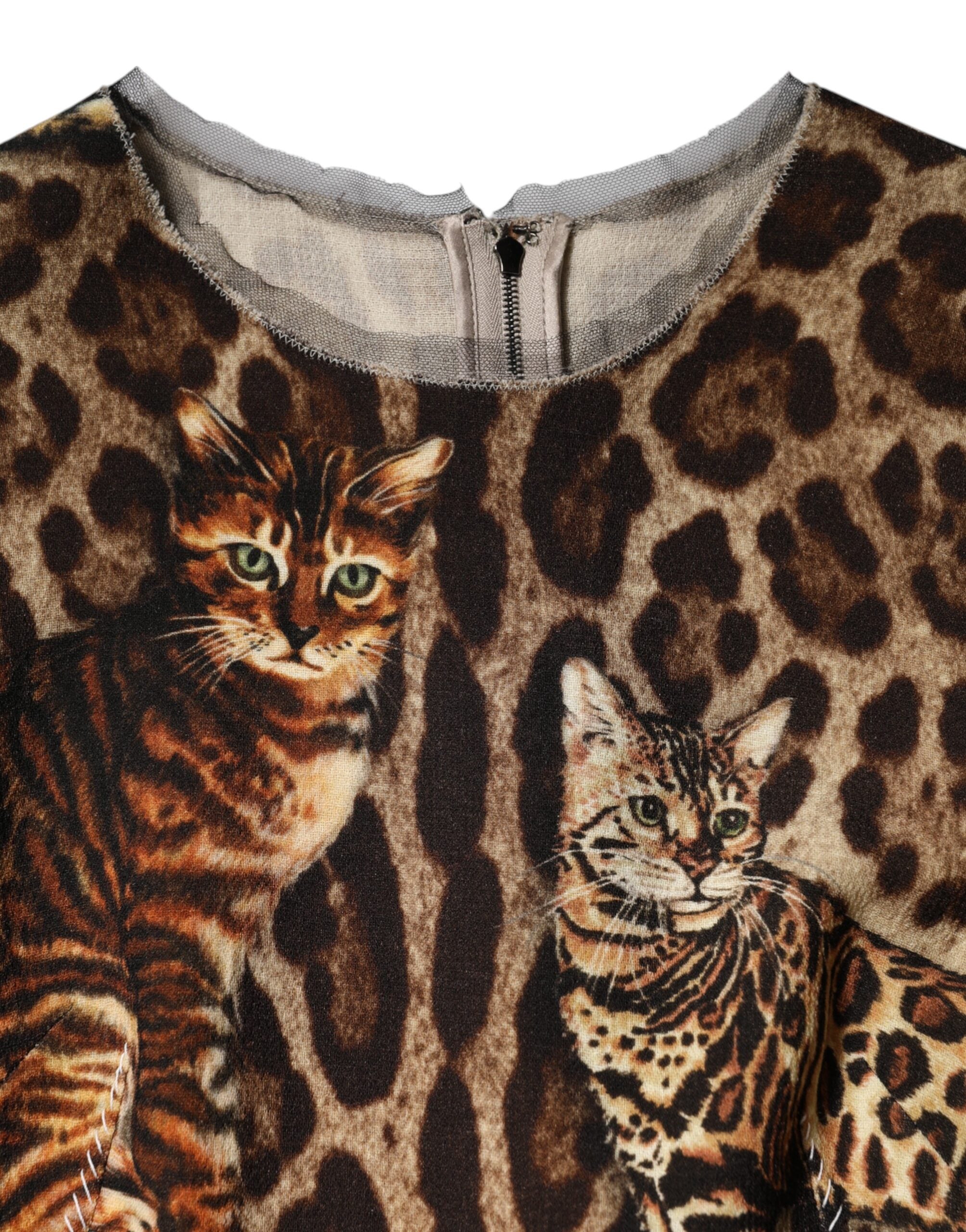 Dolce &amp; Gabbana Brun Leopardprint Midikjole med Bælte og A-linje
