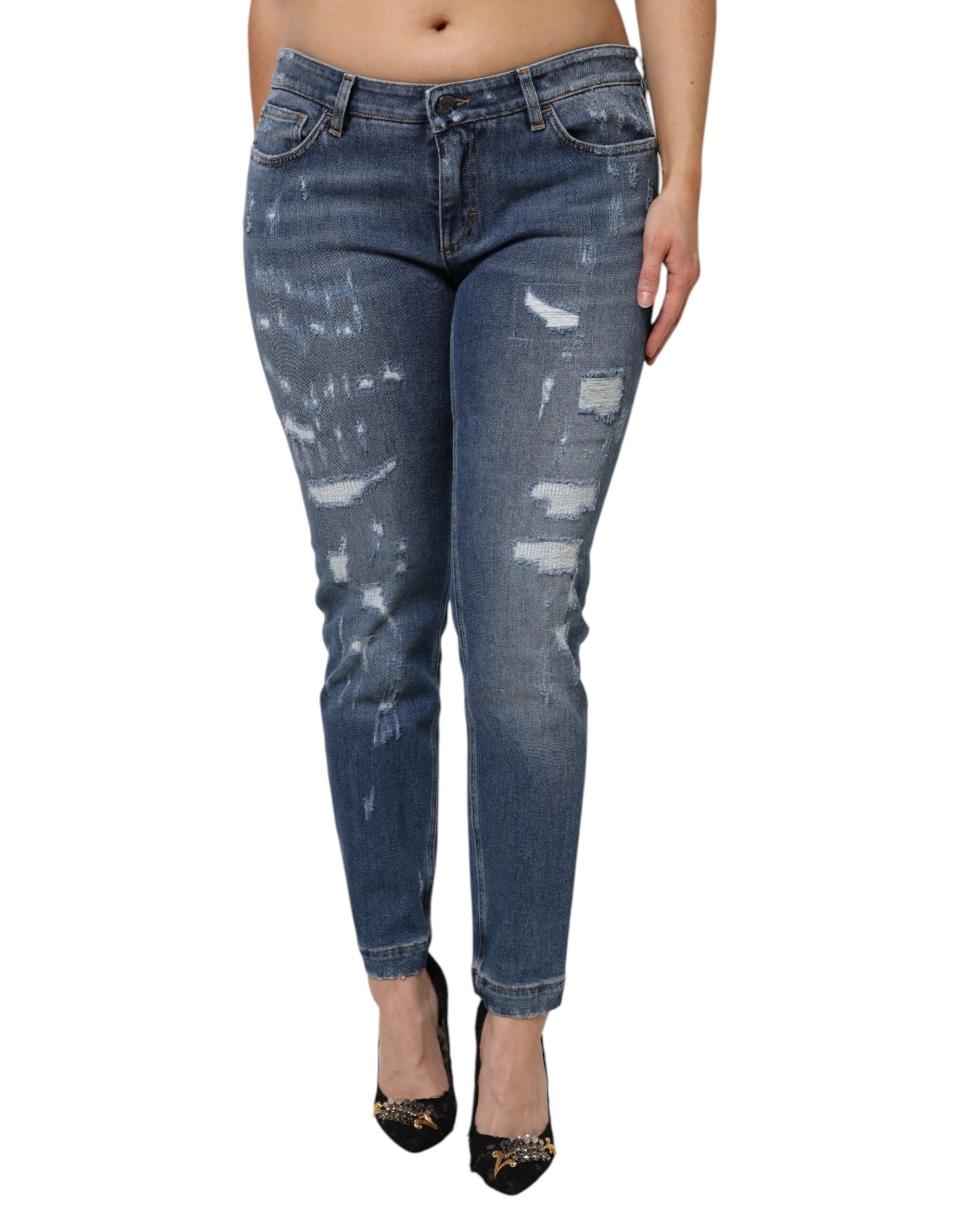 Dolce &amp; Gabbana Blå Lassede Bomulds Denim Jeans med Lav Talje
