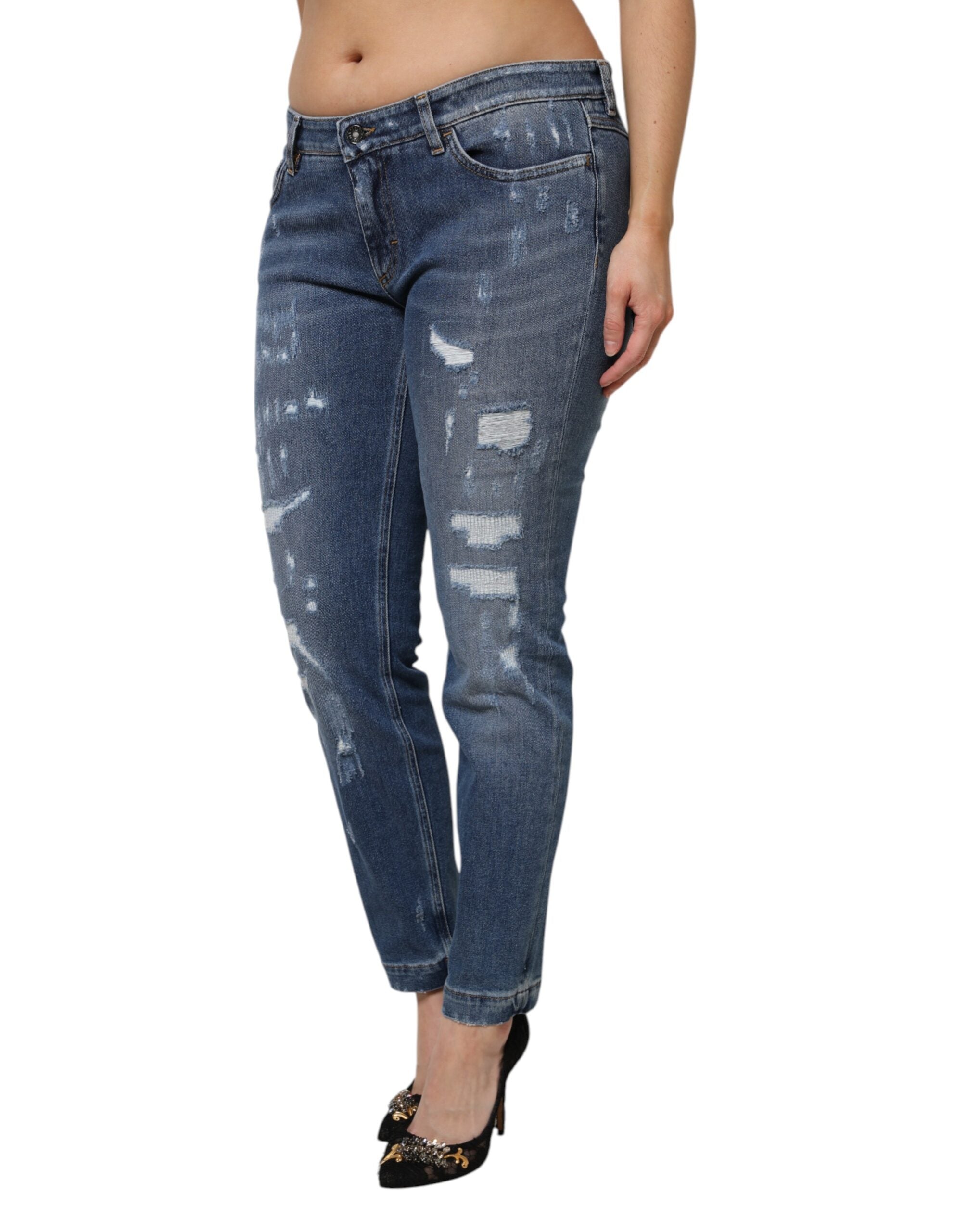 Dolce &amp; Gabbana Blå Lassede Bomulds Denim Jeans med Lav Talje
