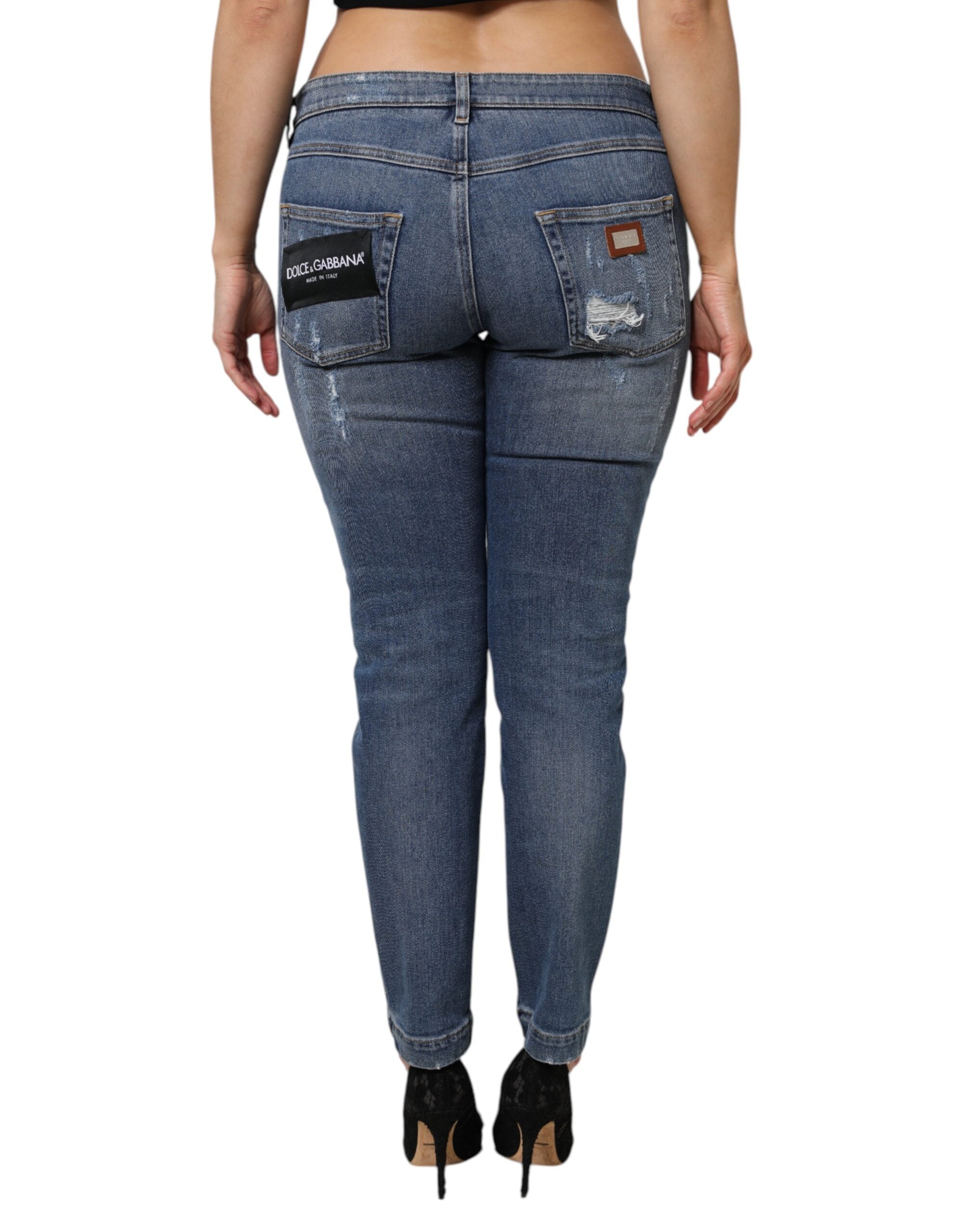 Dolce &amp; Gabbana Blå Lassede Bomulds Denim Jeans med Lav Talje