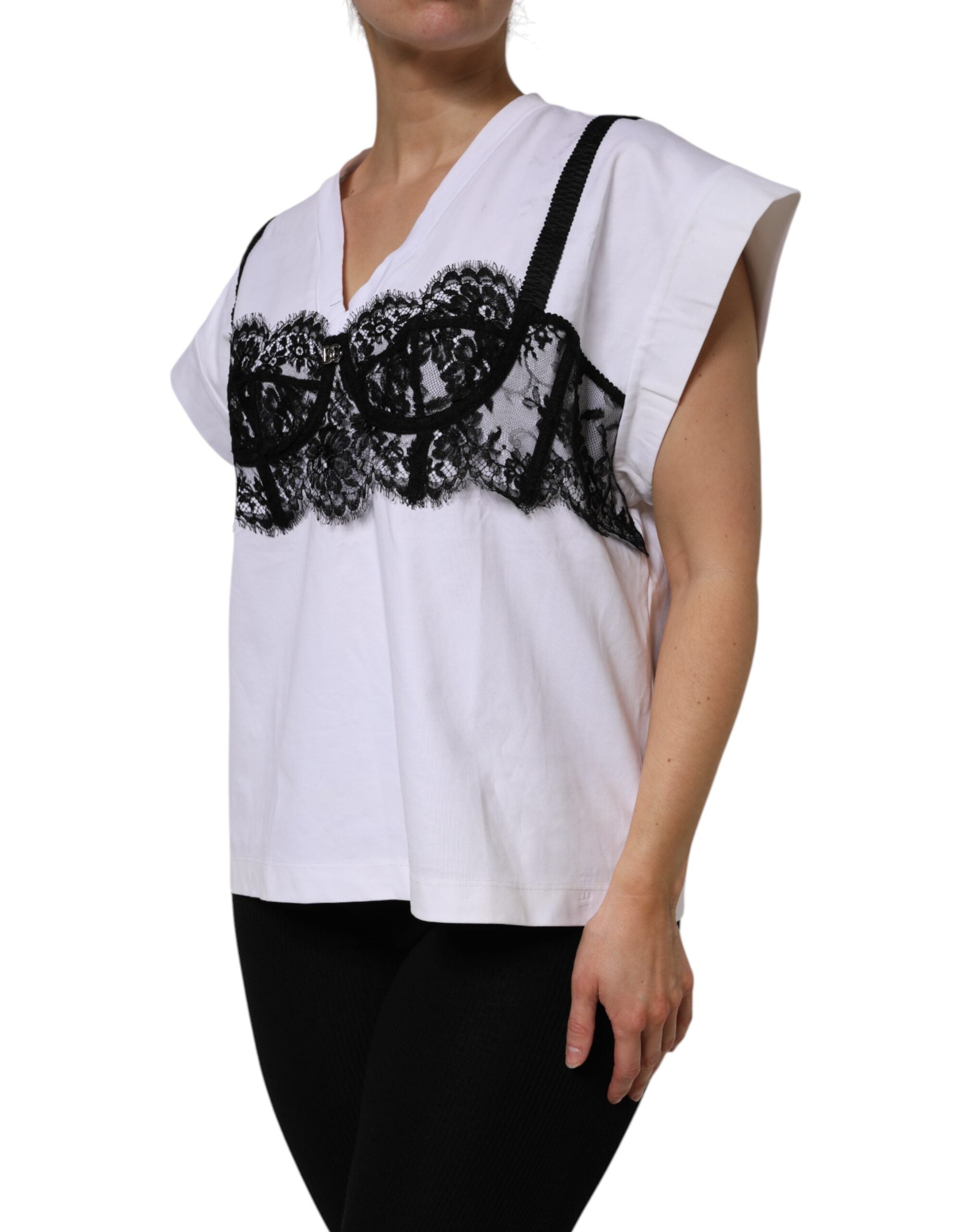Dolce & Gabbana White Lace Cotton V-Neck Short Sleeves Top