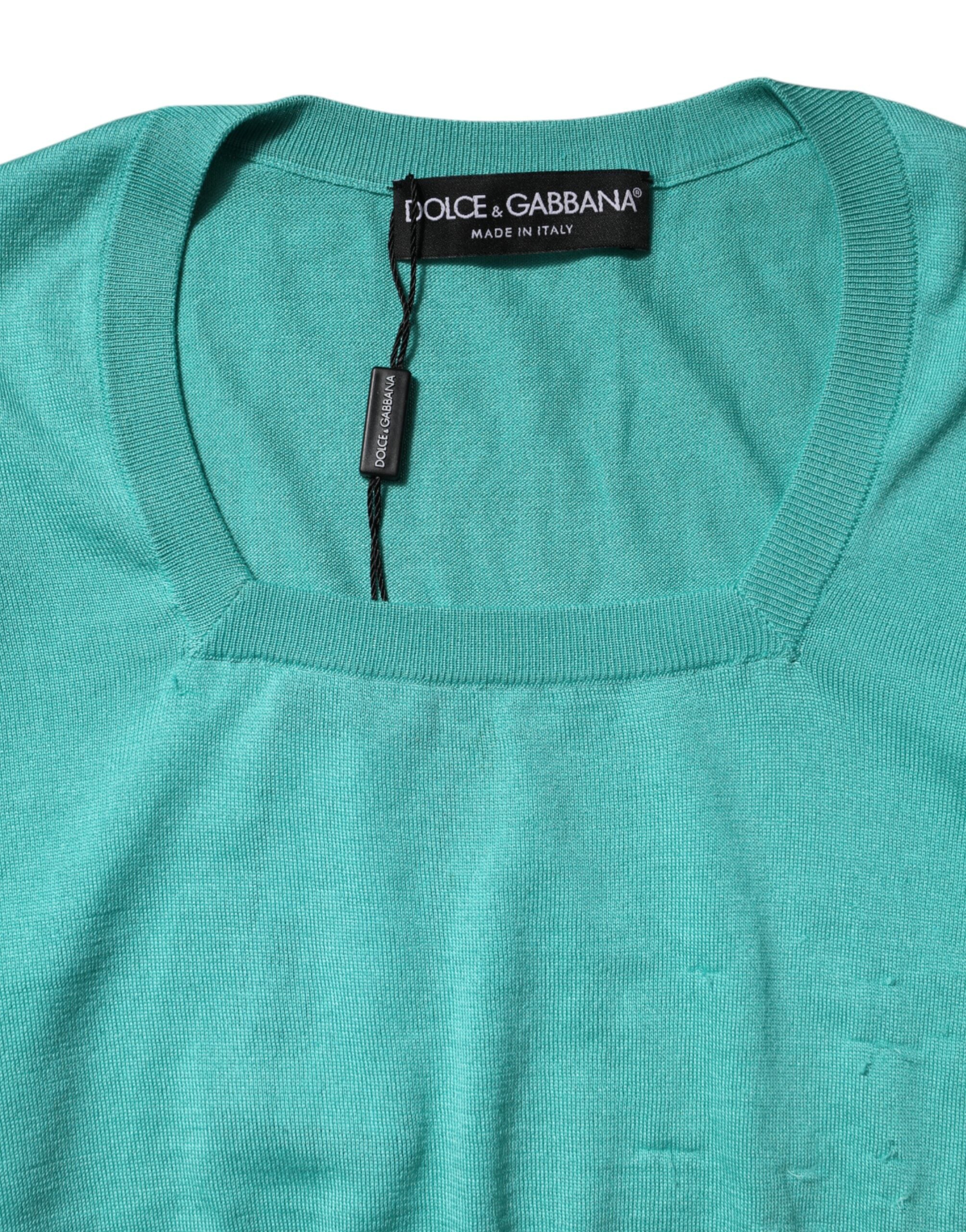 Dolce &amp; Gabbana Aqua Blå Silketop med Korte Ærmer og Firkantet Halsudskæring