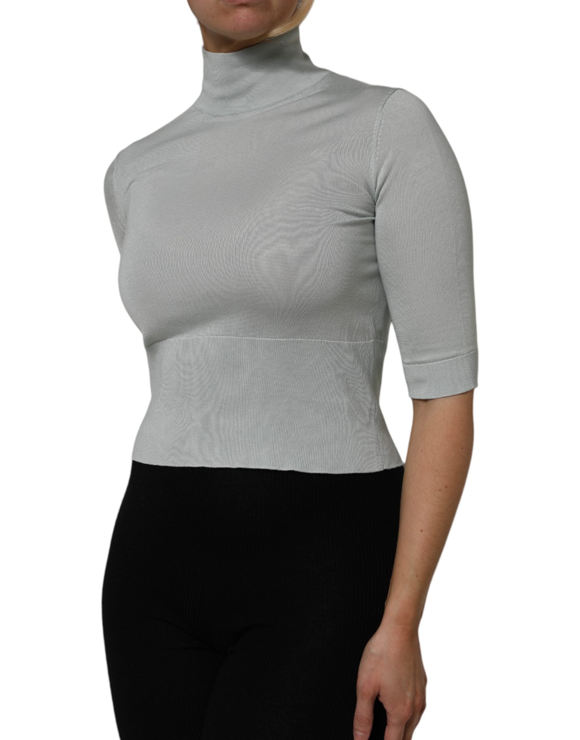 Dolce & Gabbana Light Green Silk Turtleneck 3/4 Sleeves Top