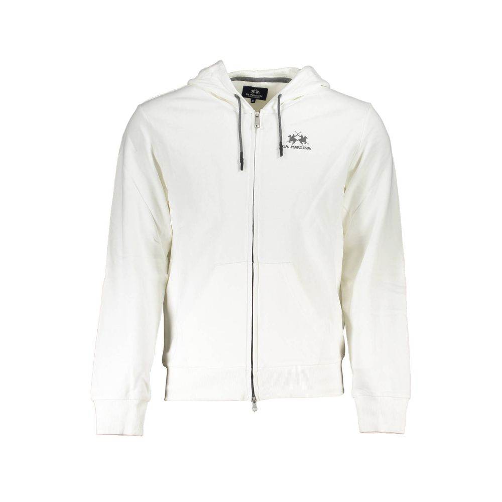 La Martina White Cotton Men Sweater with Hood and Zip Pockets - Hilstor
