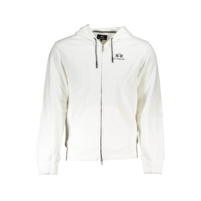 La Martina White Cotton Men Sweater with Hood and Zip Pockets - Hilstor