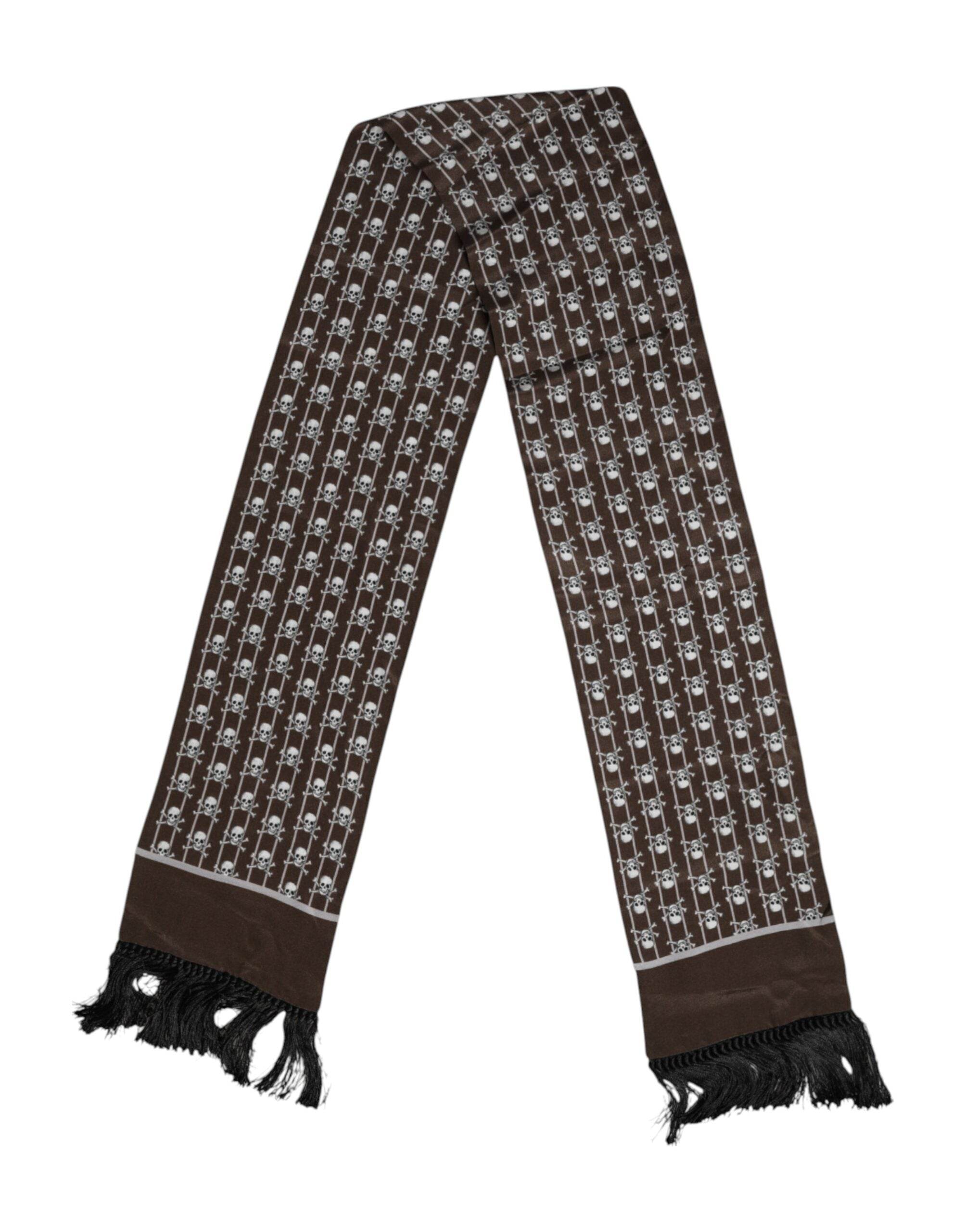 Dolce & Gabbana Brown Skulls Print Fringes Men Foulard Scarf - Hilstor