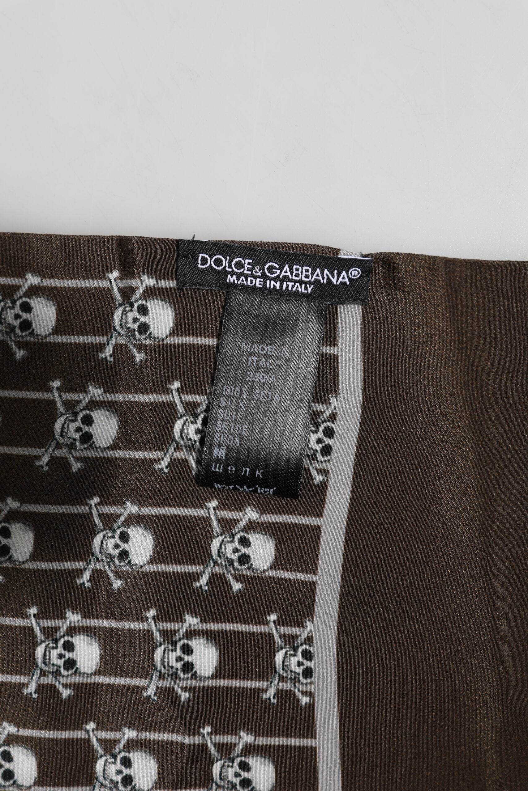 Dolce & Gabbana Brown Skulls Print Fringes Foulard Scarf - Hilstor