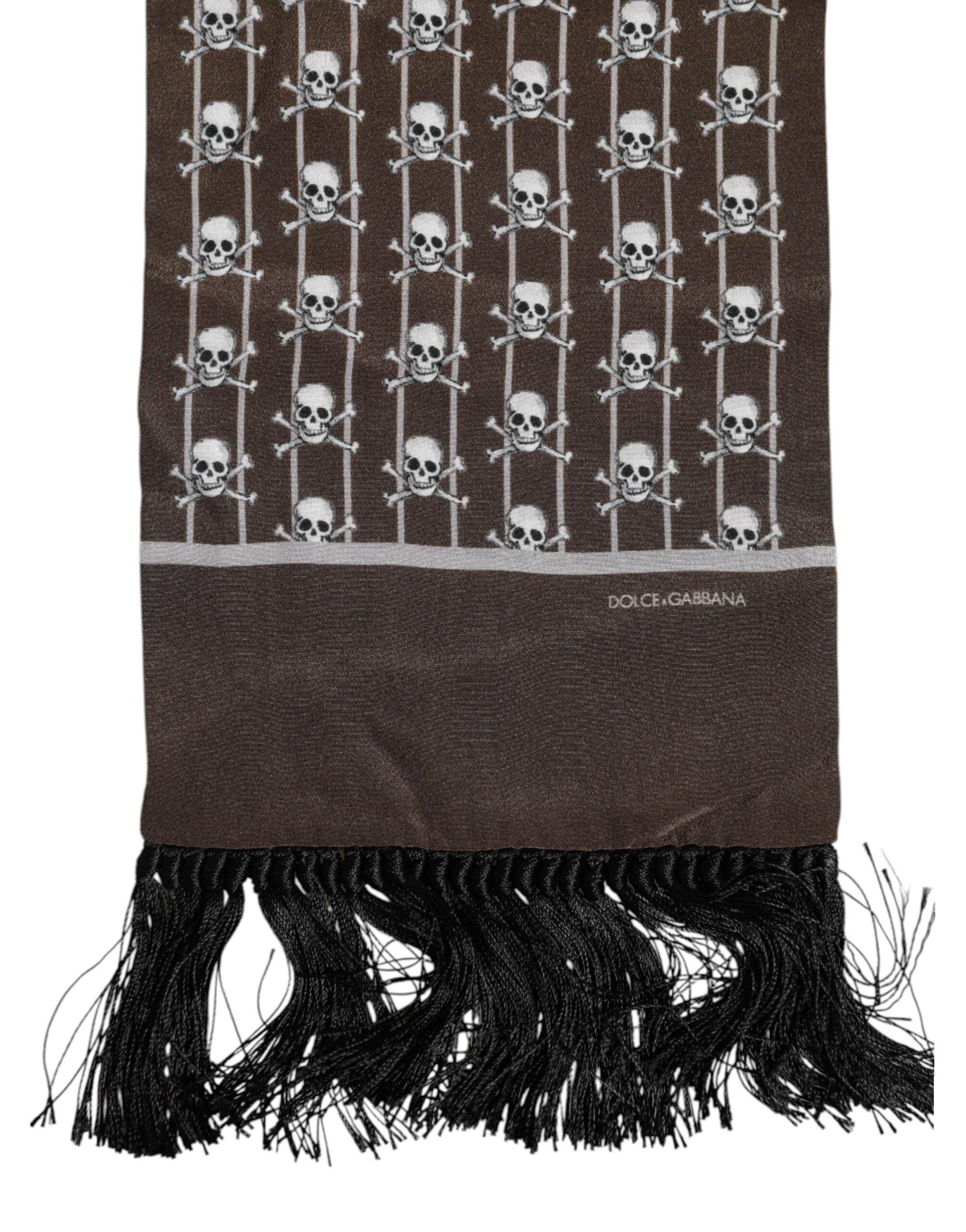 Dolce & Gabbana Brown Skulls Print Fringes Foulard Scarf - Hilstor