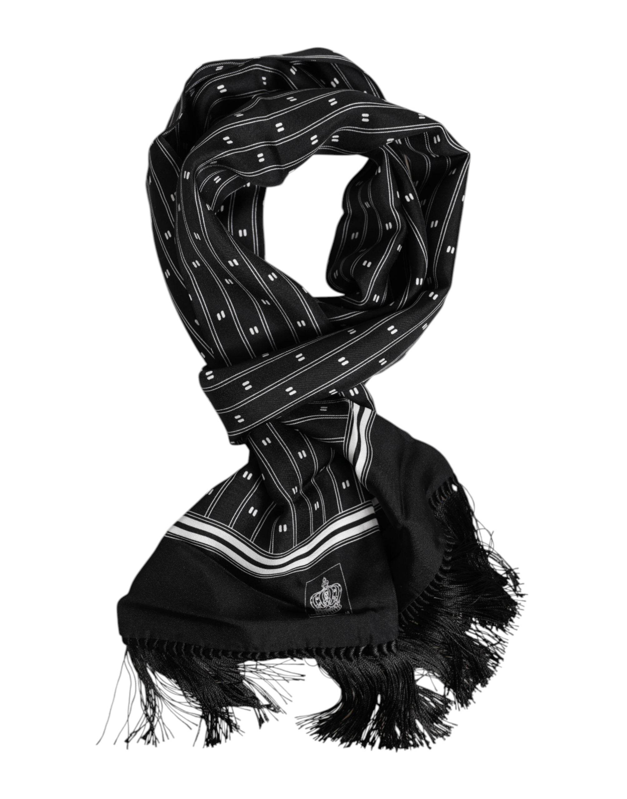 Dolce & Gabbana Black Silk Printed Fringes Men Foulard Scarf - Hilstor