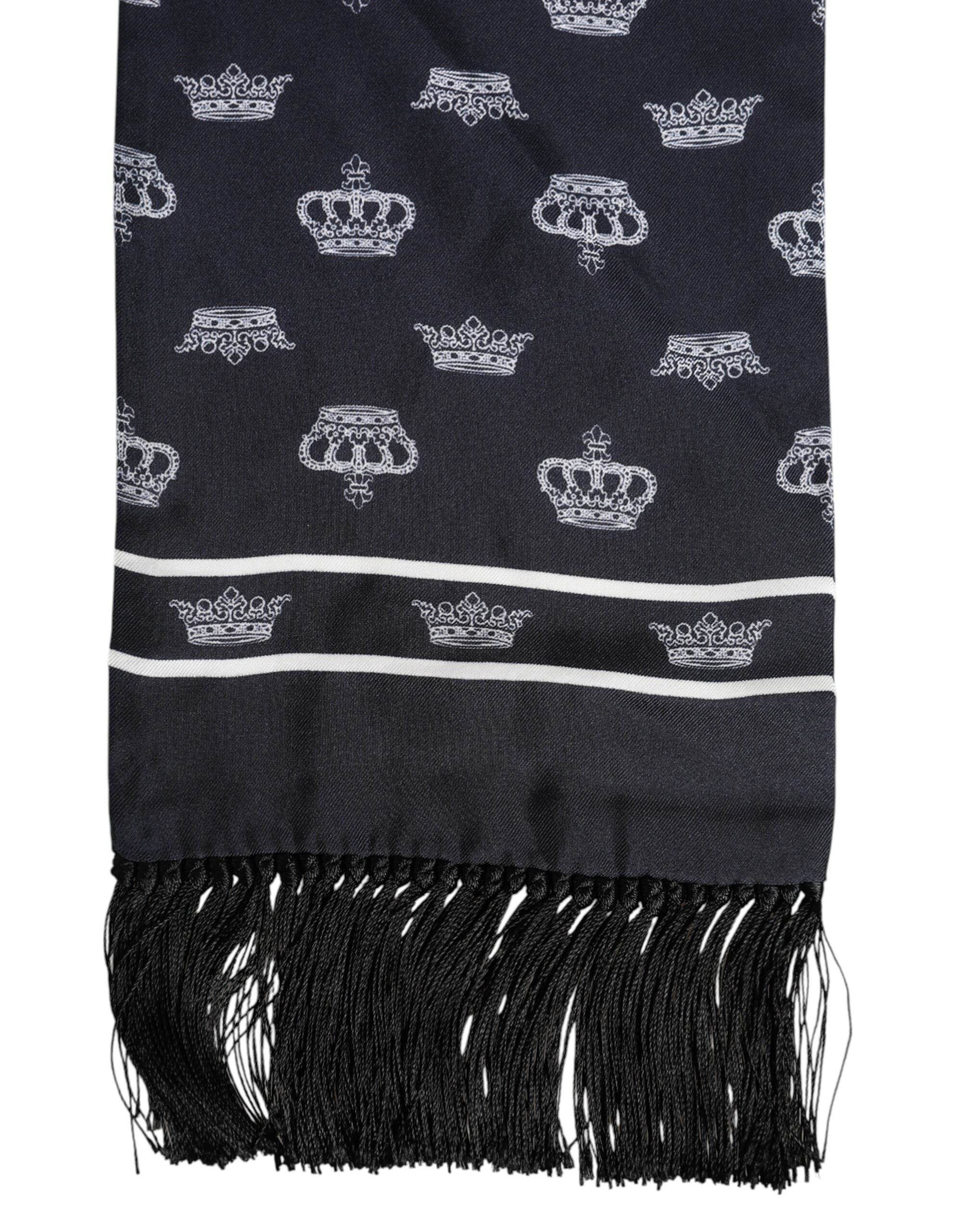 Dolce & Gabbana Black Silk Crown Fringes Men Foulard Scarf - Hilstor